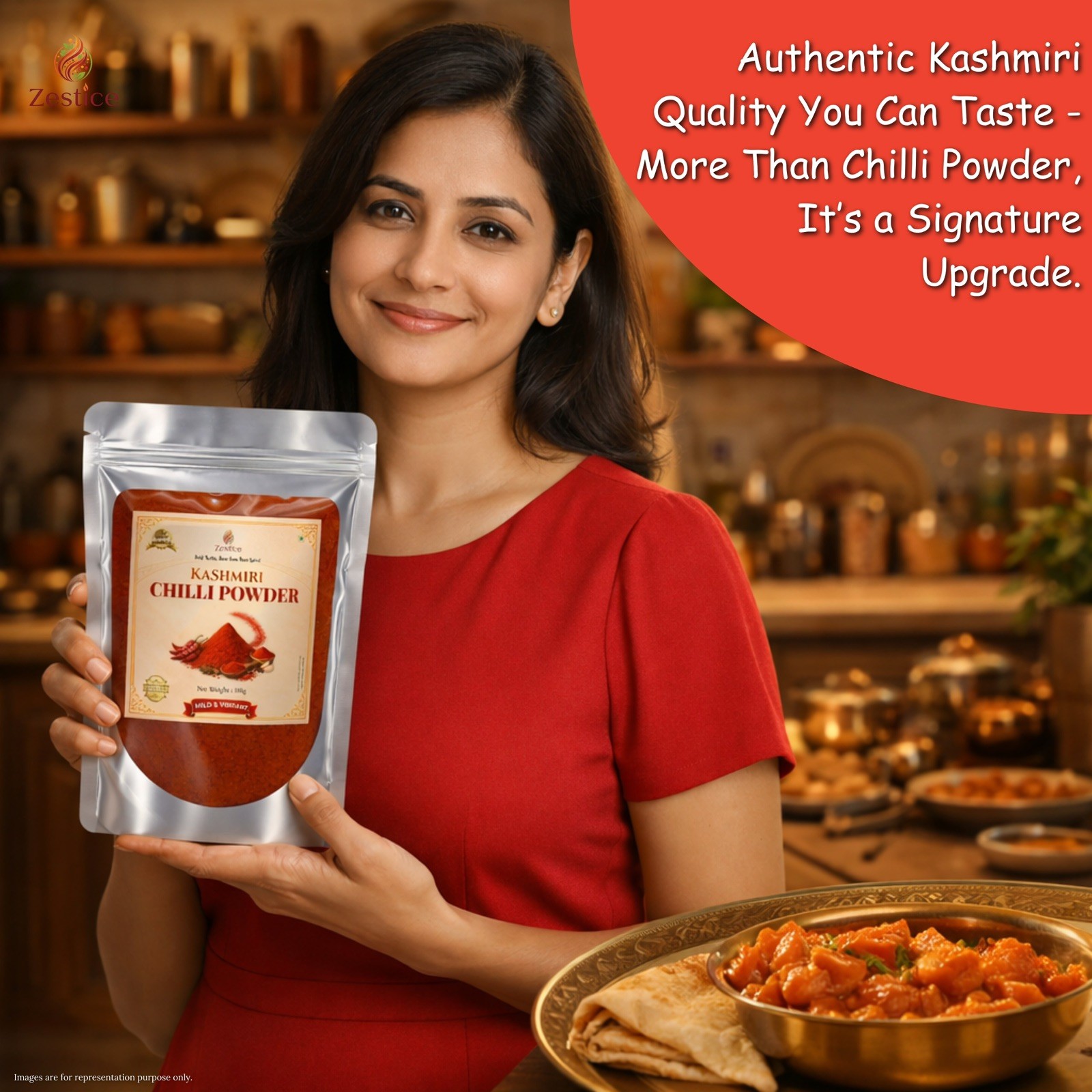 Zestice Kashmiri Chilli Powder Natural Bright Red Colour Mild Heat 400g