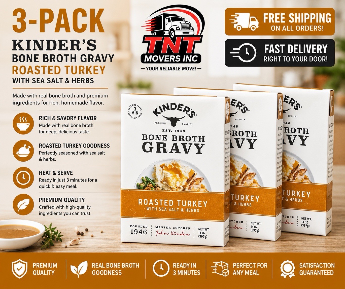 3 PACK- Kinder’s Roasted Turkey Bone Broth Gravy – 14 oz Exp 09/27