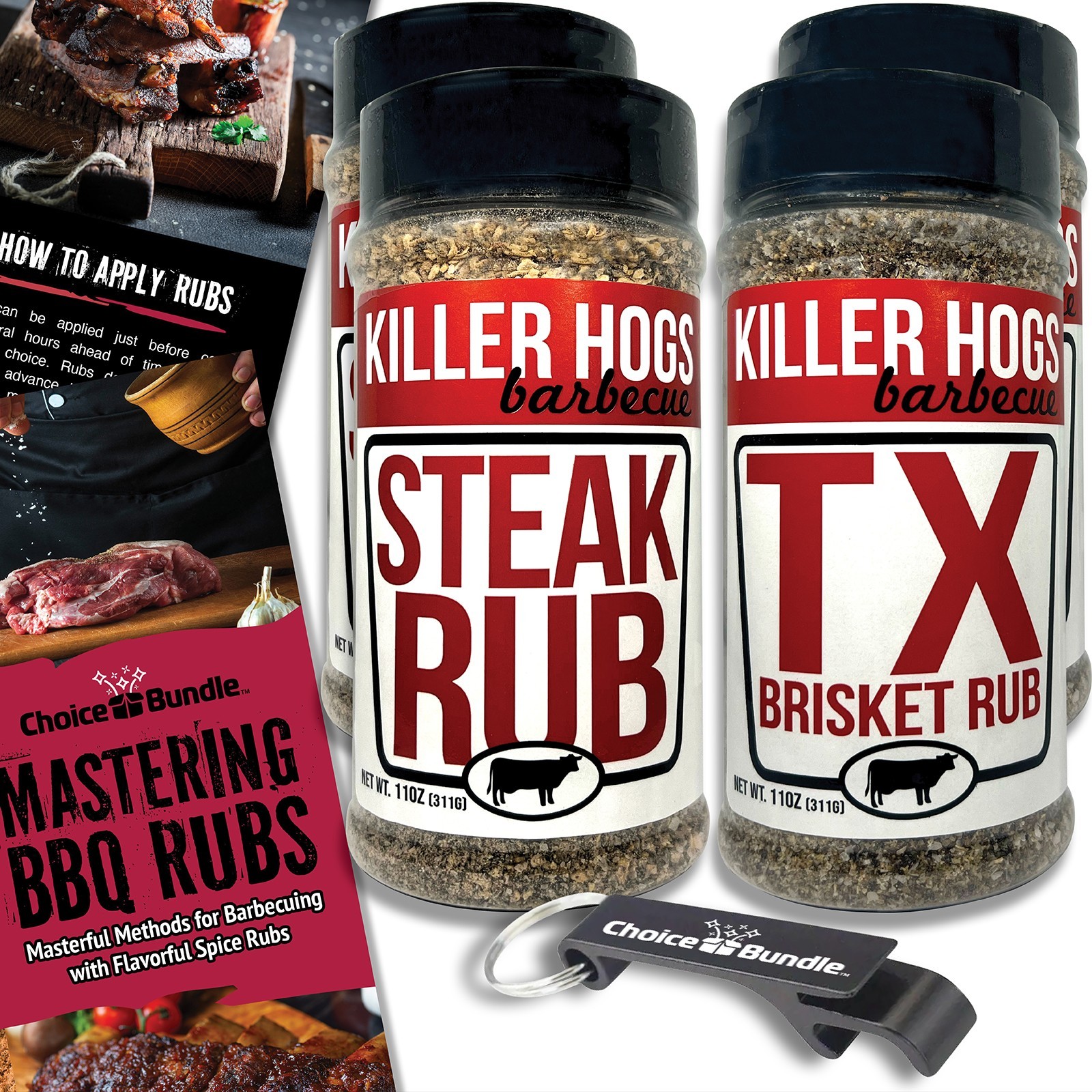 Killer Hogs Steak Rub & TX Texas Brisket Rub 44 oz 4 Pack + Guide & Opener