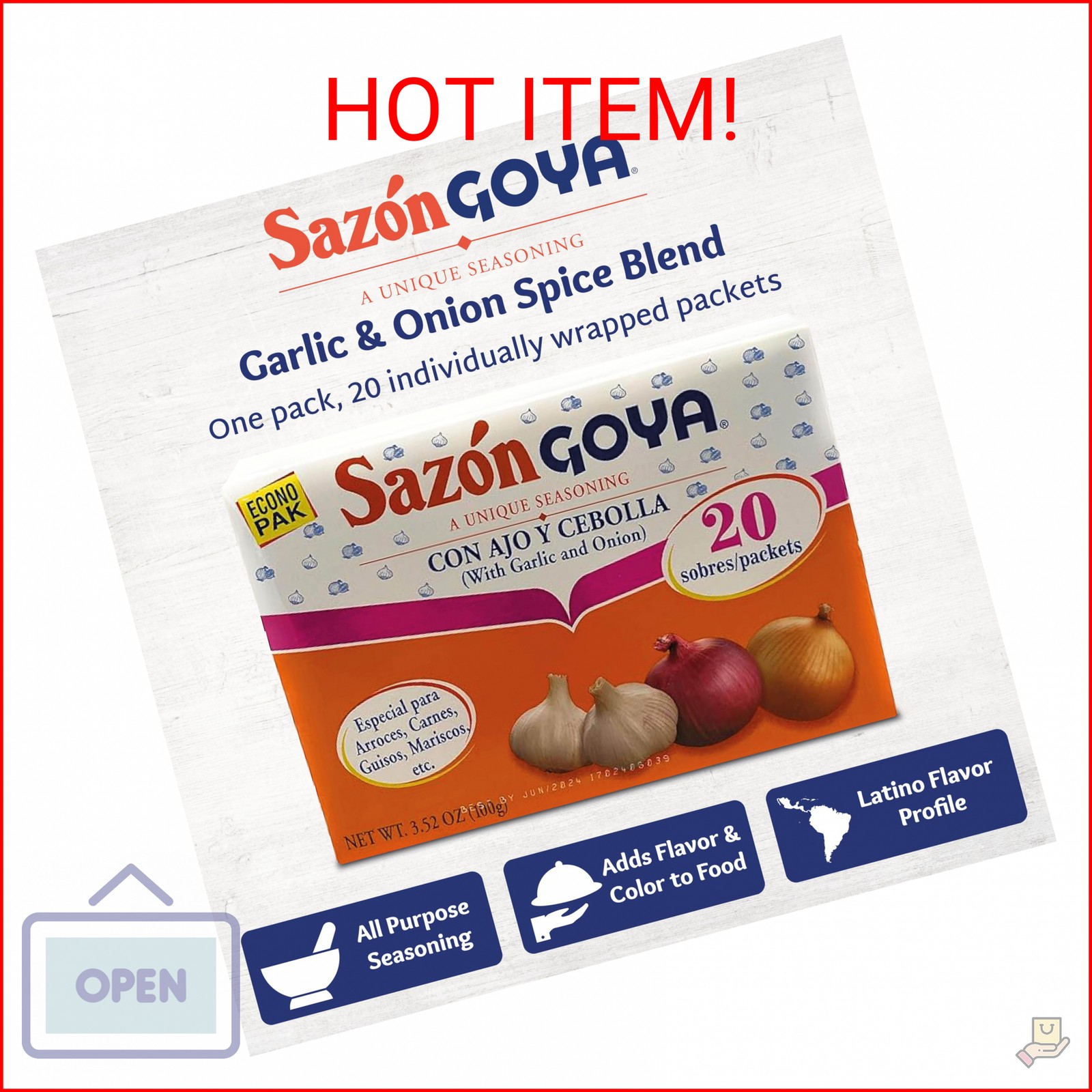 Goya Sazón with Garlic and Onion, Meat and Vegetables, Vegetables, 3.52oz