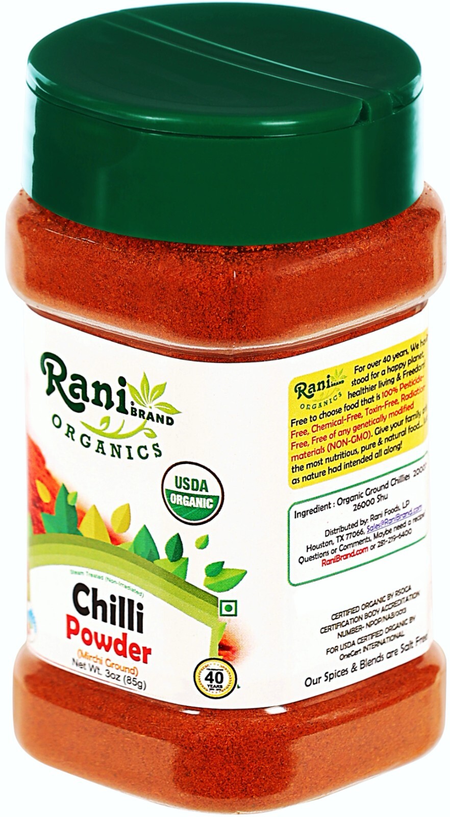 Rani Organic Chilli Powder (Mirchi Ground) 3oz (85g) PET Jar