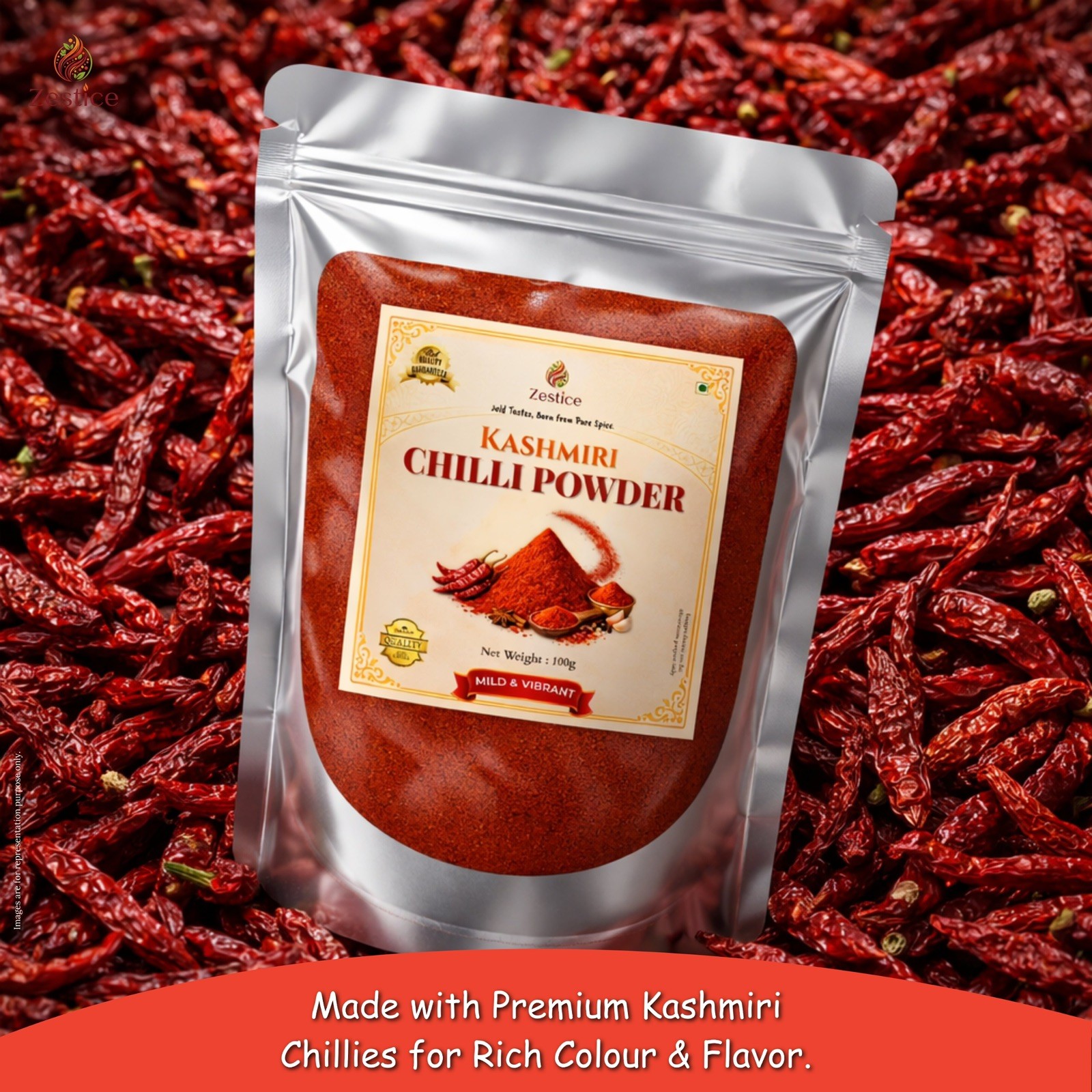 Zestice Kashmiri Chilli Powder Natural Bright Red Colour Mild Heat 400g
