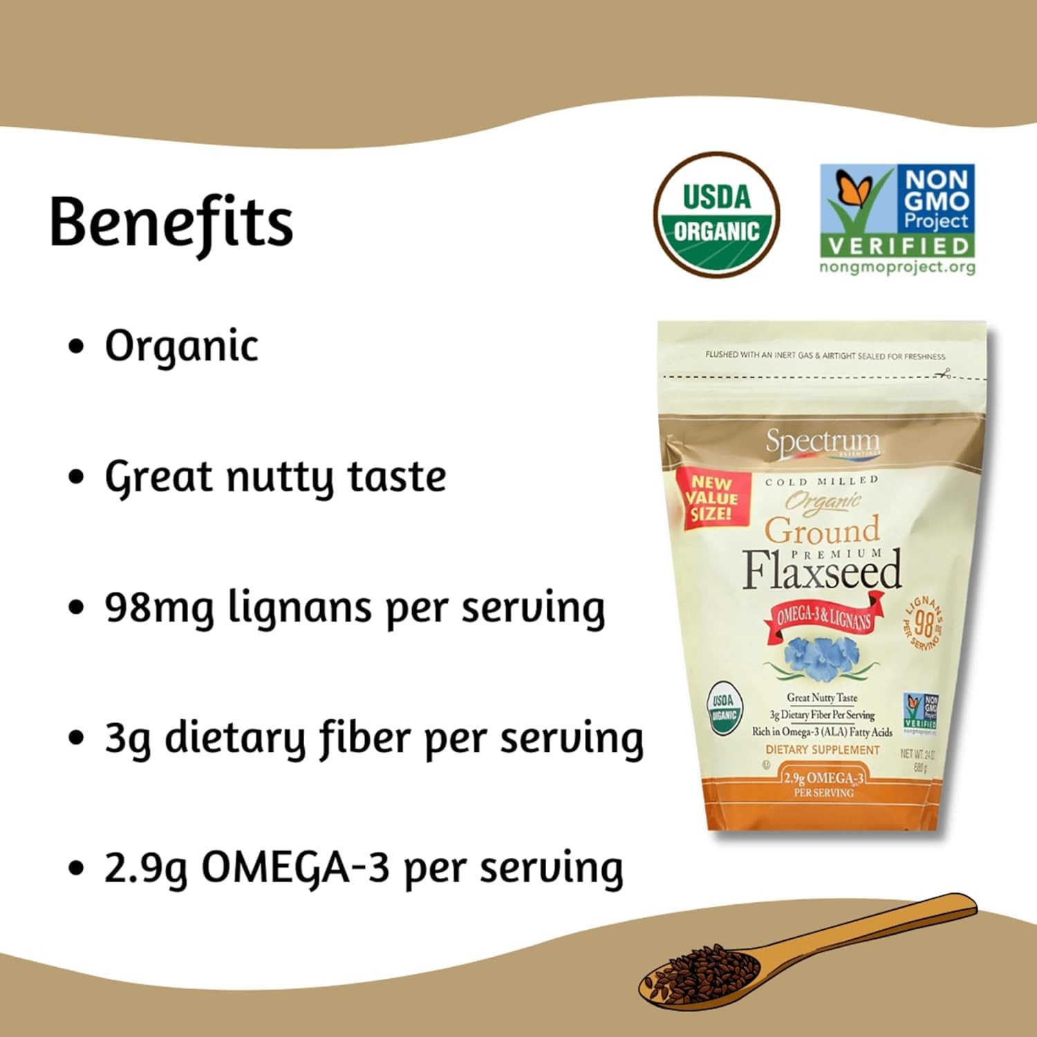 Spectrum Essentials Organic Premium Ground Flaxseed 14 oz 14 Ounce (Pack of 1)