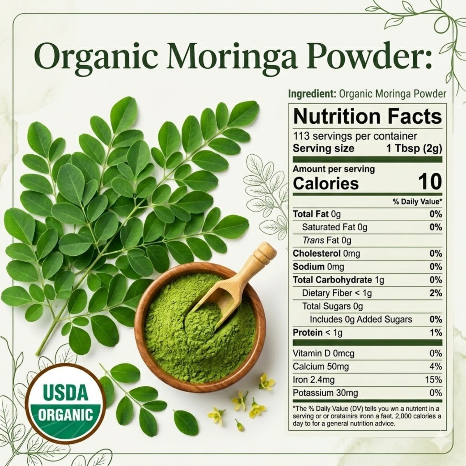 Spicy Organic Moringa Powder 16 oz | USDA Organic