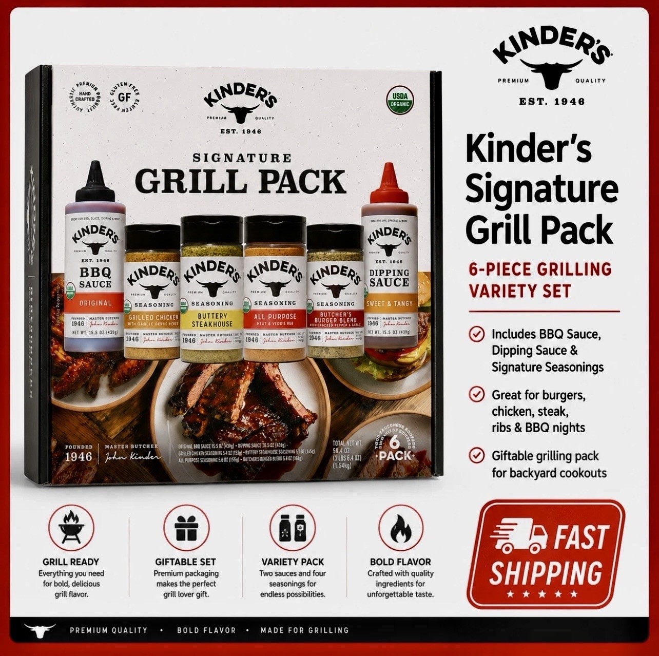 Kinder’s Signature Grill BBQ Pack Organic Seasoning & Sauce Set 6-Pack 54.4 oz