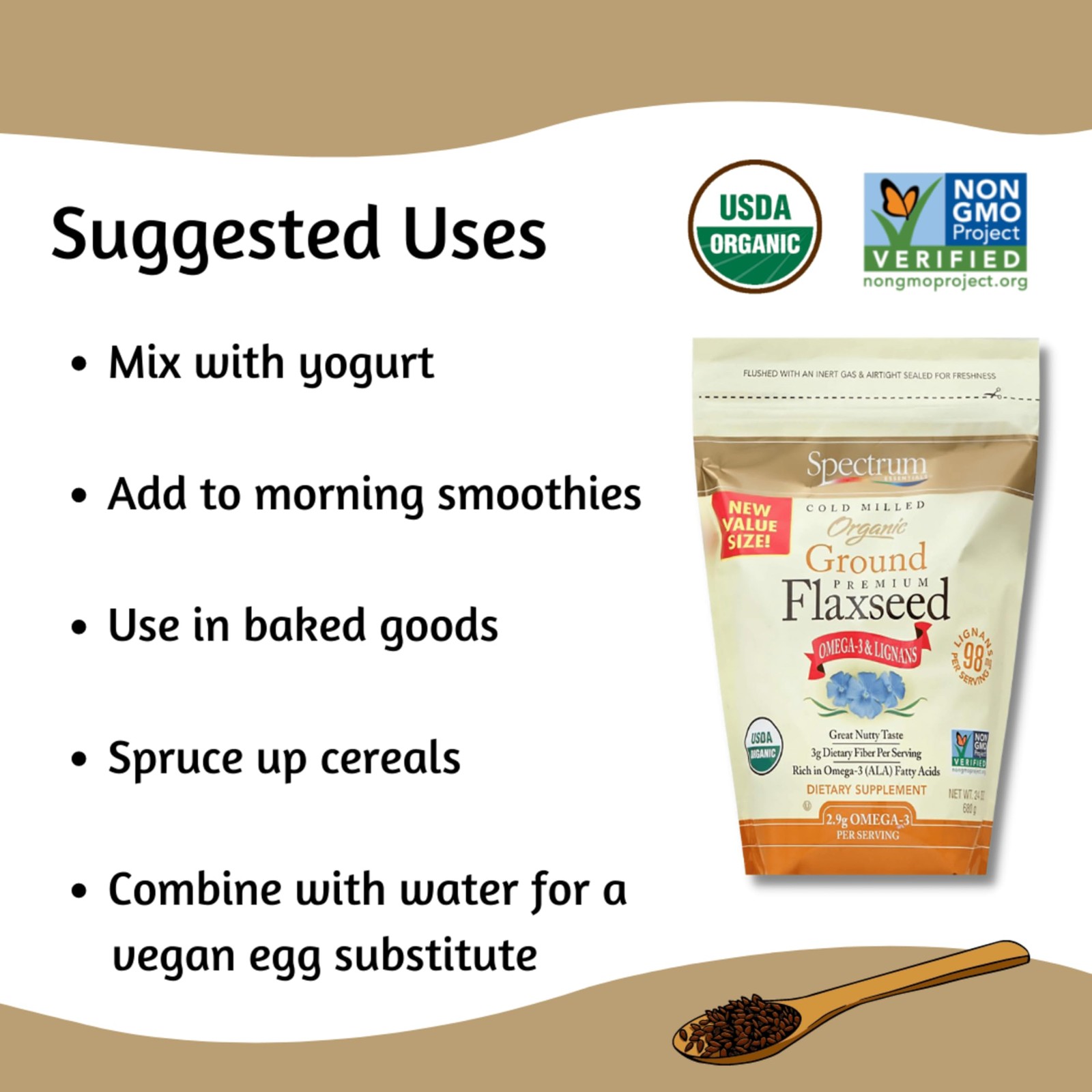 Spectrum Essentials Organic Ground Flaxseed, Gluten 24 Ounce (Pack of 1)