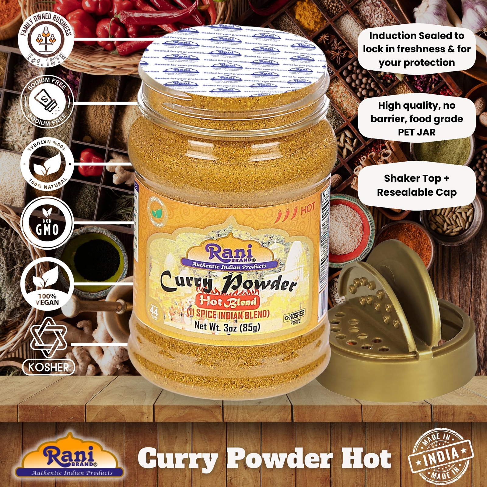 Rani Curry Powder Hot (11-Spice Authentic Indian Blend) 3oz (85g) PET Jar