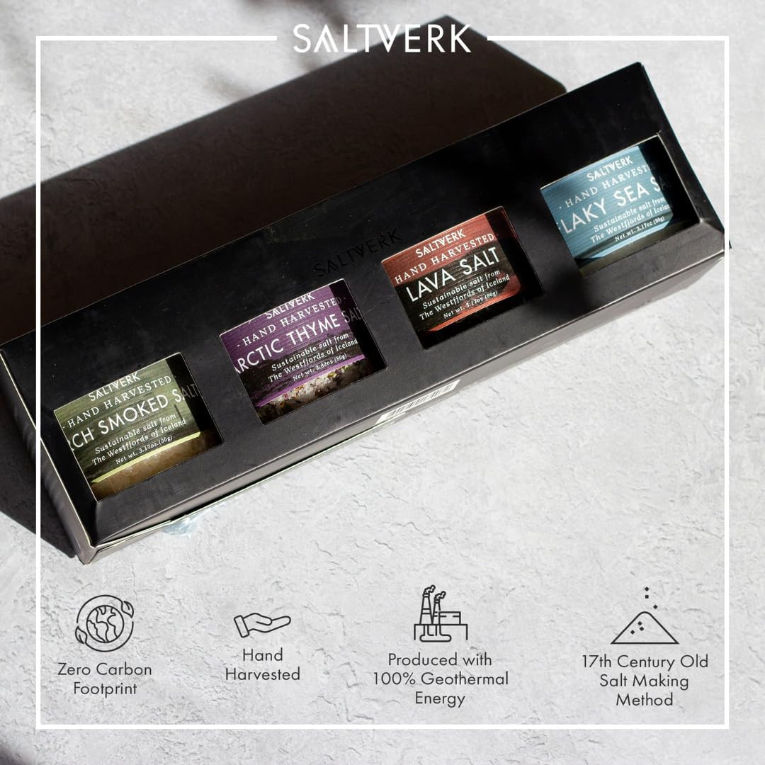 Saltverk Salt Gift Set – Includes 4 Jars – Flaky, Lava , Birch Smoked, Arctic Th