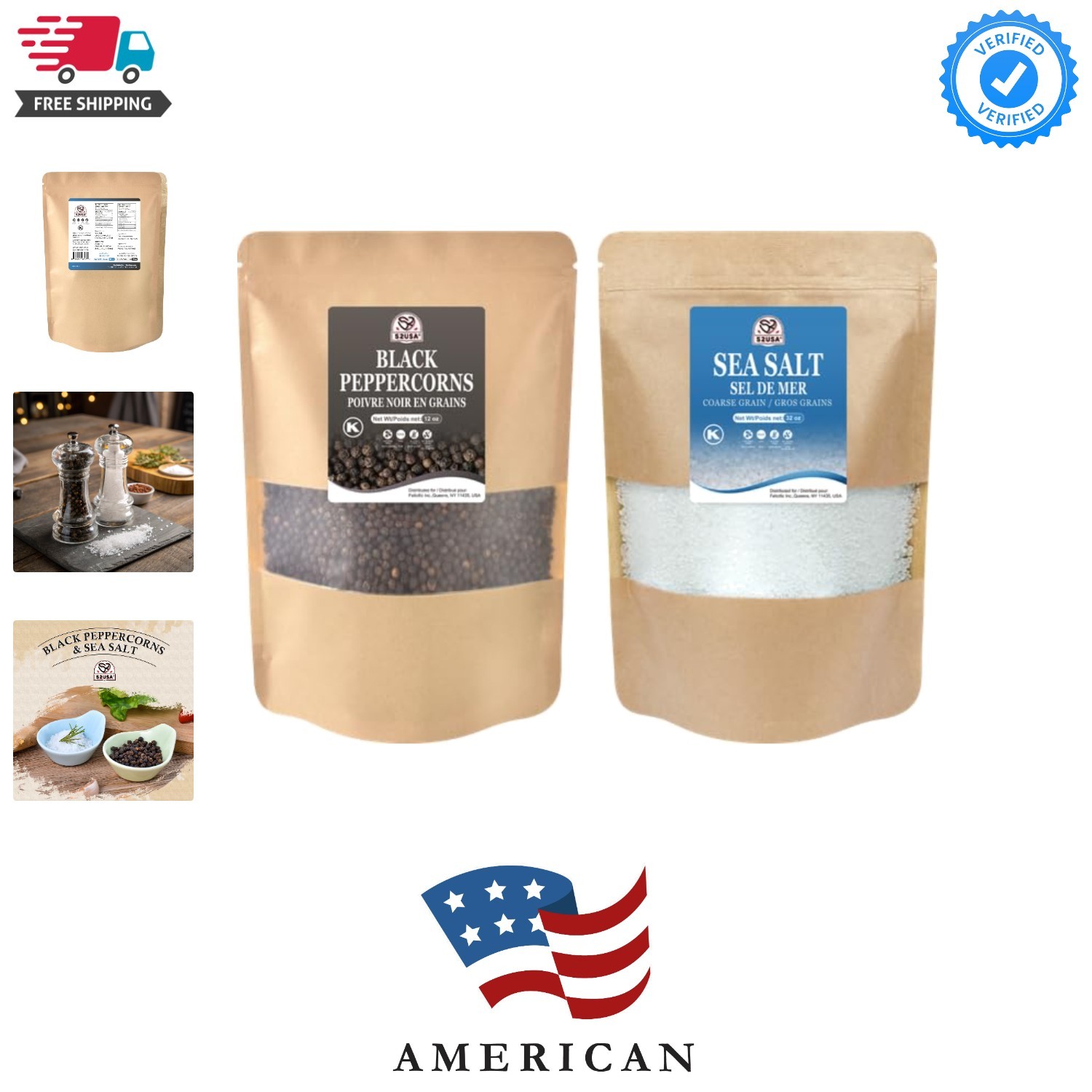 Black Peppercorns 12 oz and Coarse Sea Salt 2 lbs, Salt and Pepper for Grinde…