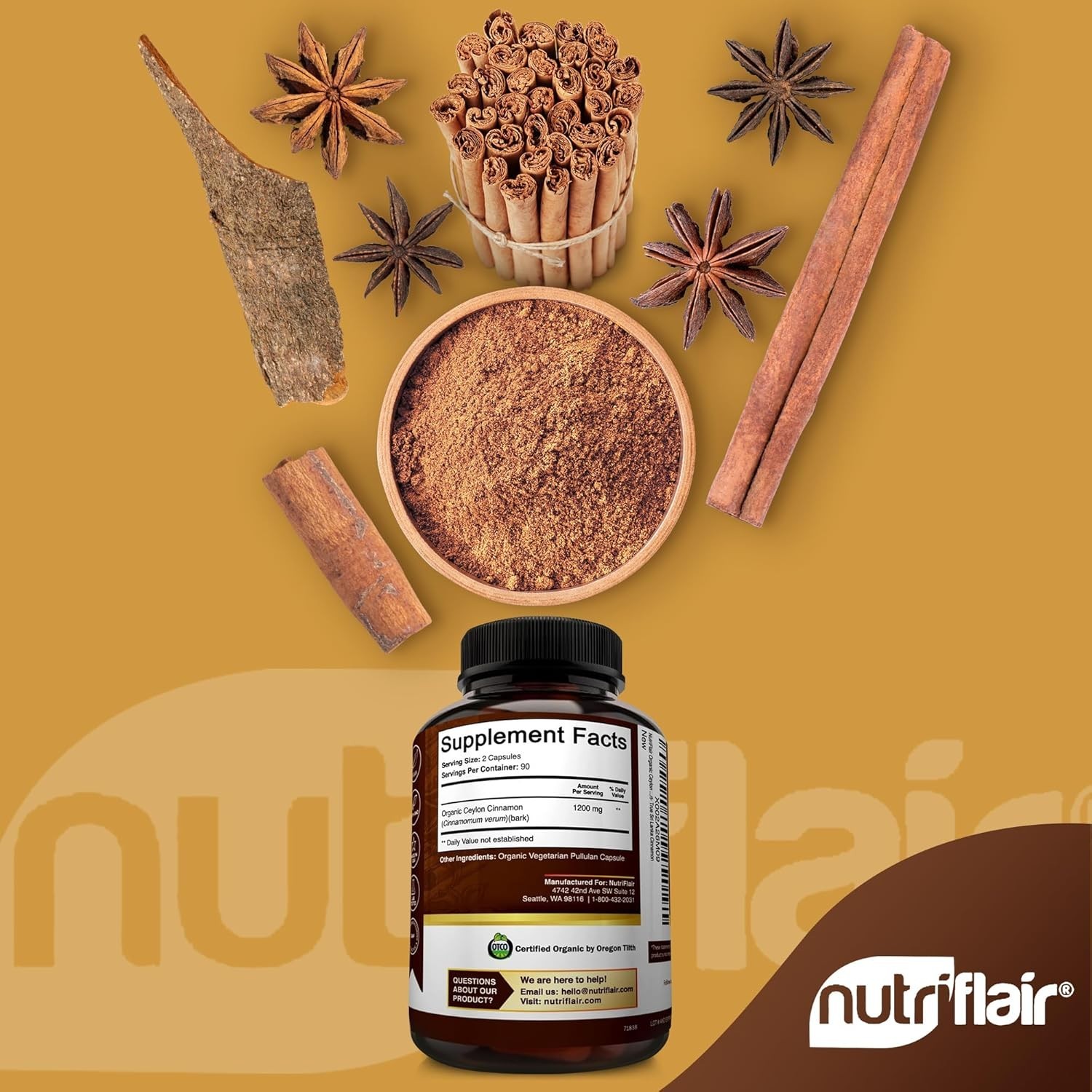 NutriFlair Organic Ceylon Cinnamon – 1200mg per Serving 180 Count (Pack of 1)