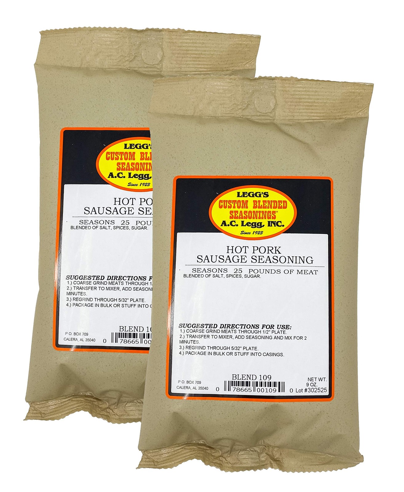 A.C. Legg Blend 109 Hot Pork Sausage Seasoning, 2 Packs – 9 Ounce (Pack of 2)