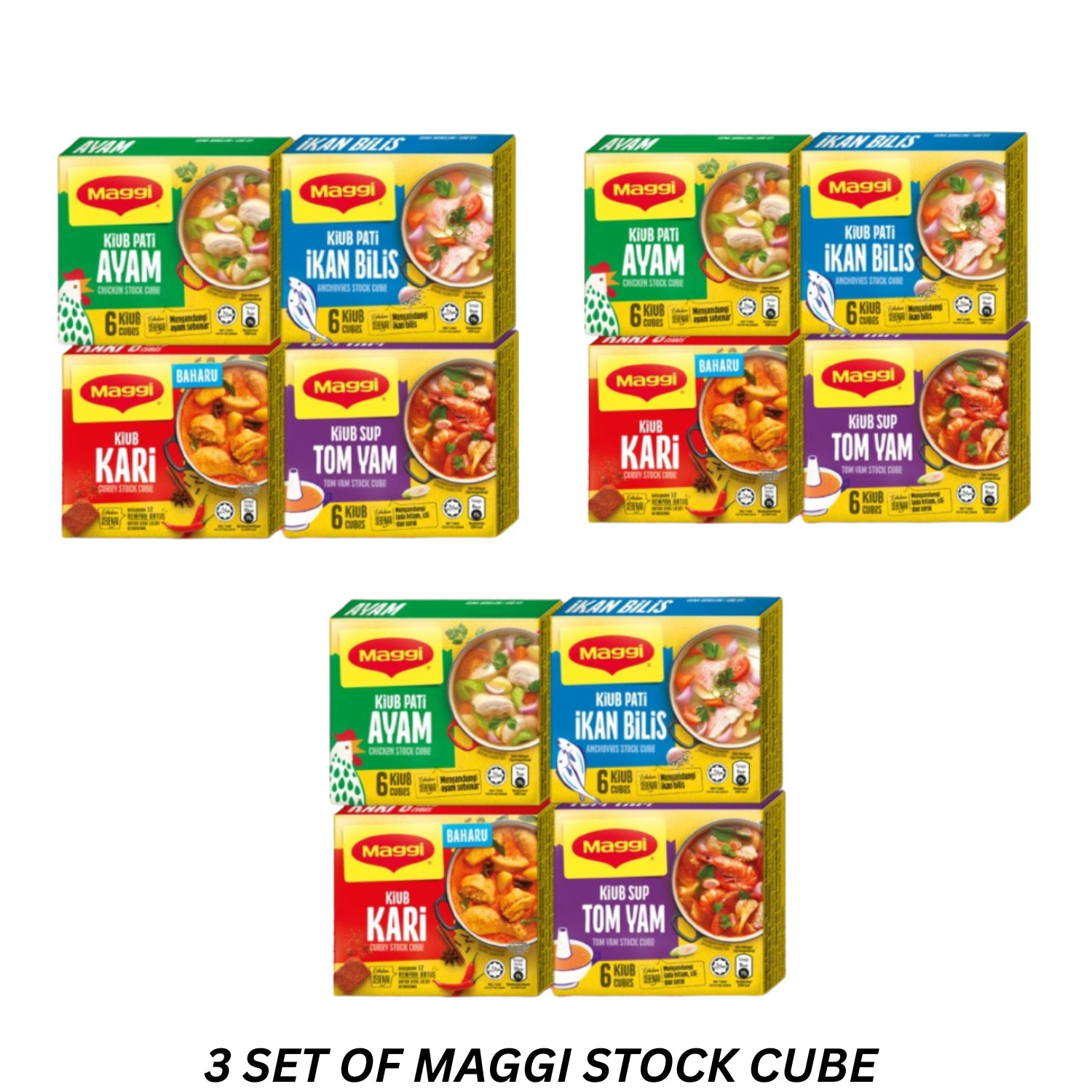 MAGGI Anchovies Chicken Curry Tom Yam Stock Cube 3 Set x 4 Pack x 60g
