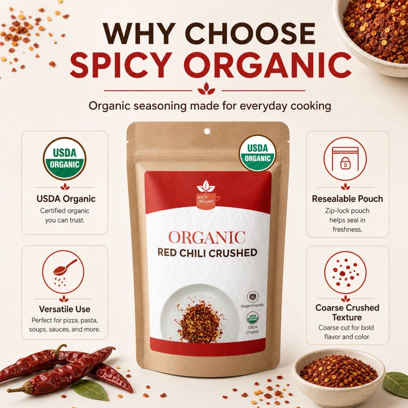 Spicy Organic Red Chili Flakes 2 lbs | USDA Organic