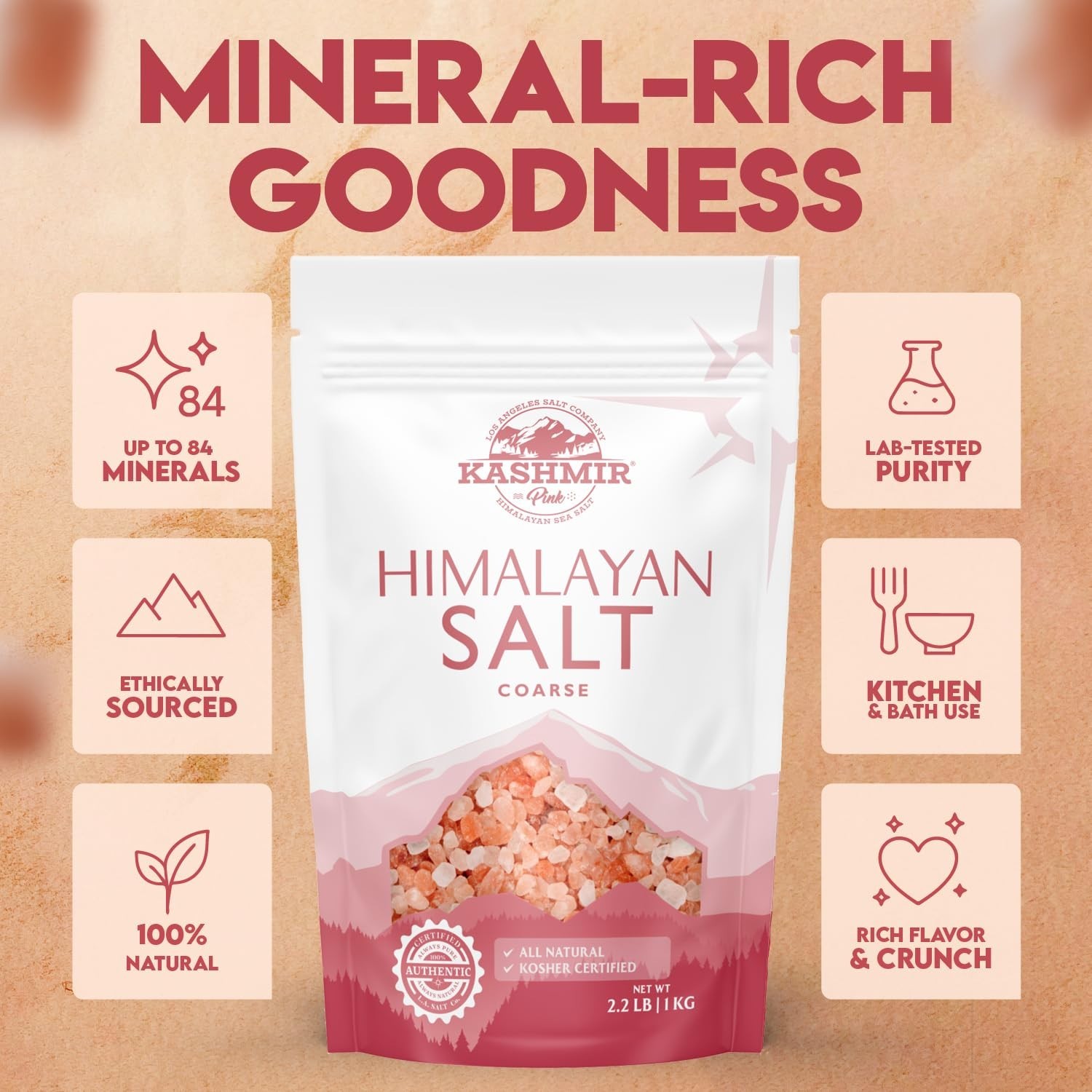 Kashmir Pink Himalayan Salt Coarse Grain 55lb Bulk Bag – Natural Mineral Rich Se