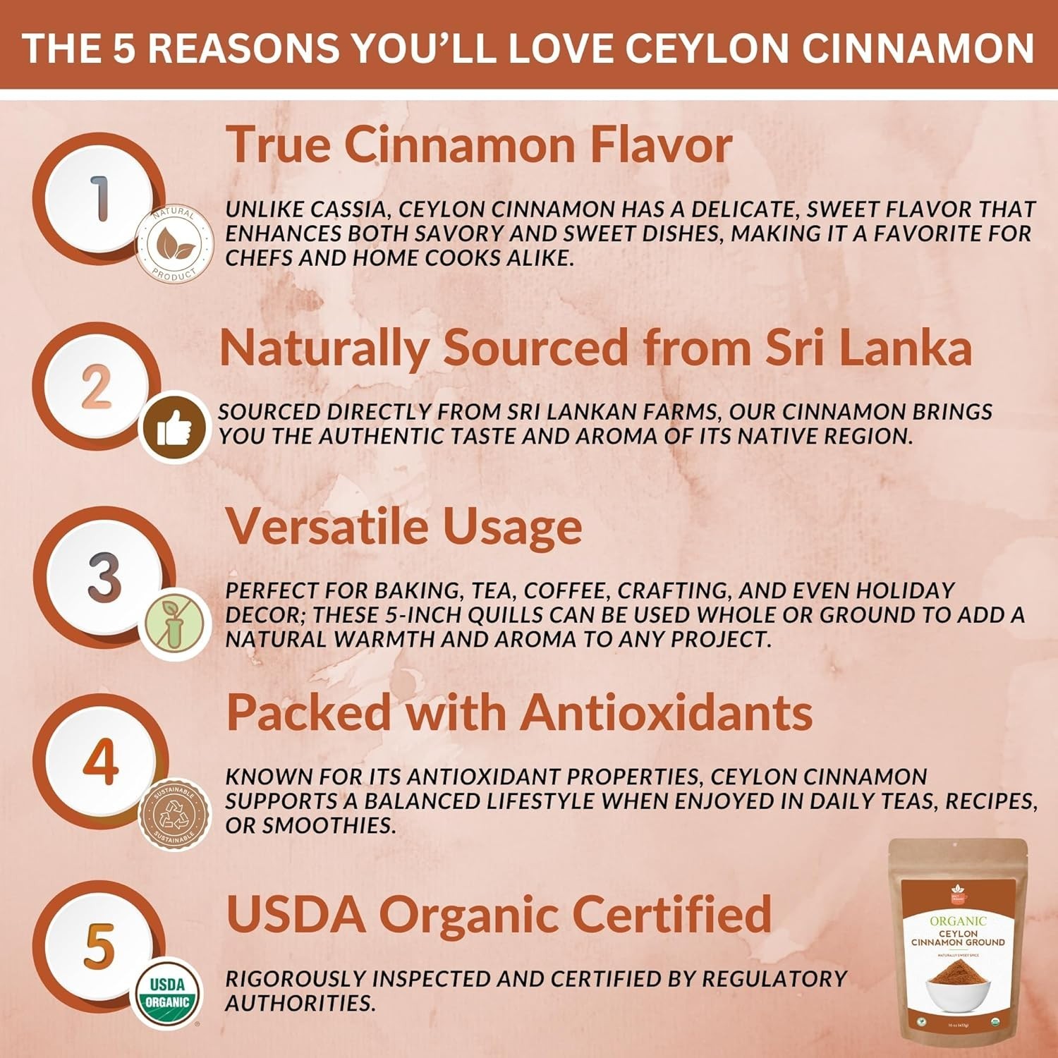 Organic Ceylon Cinnamon Powder – 16 oz, Freshly Ground, USDA Certified