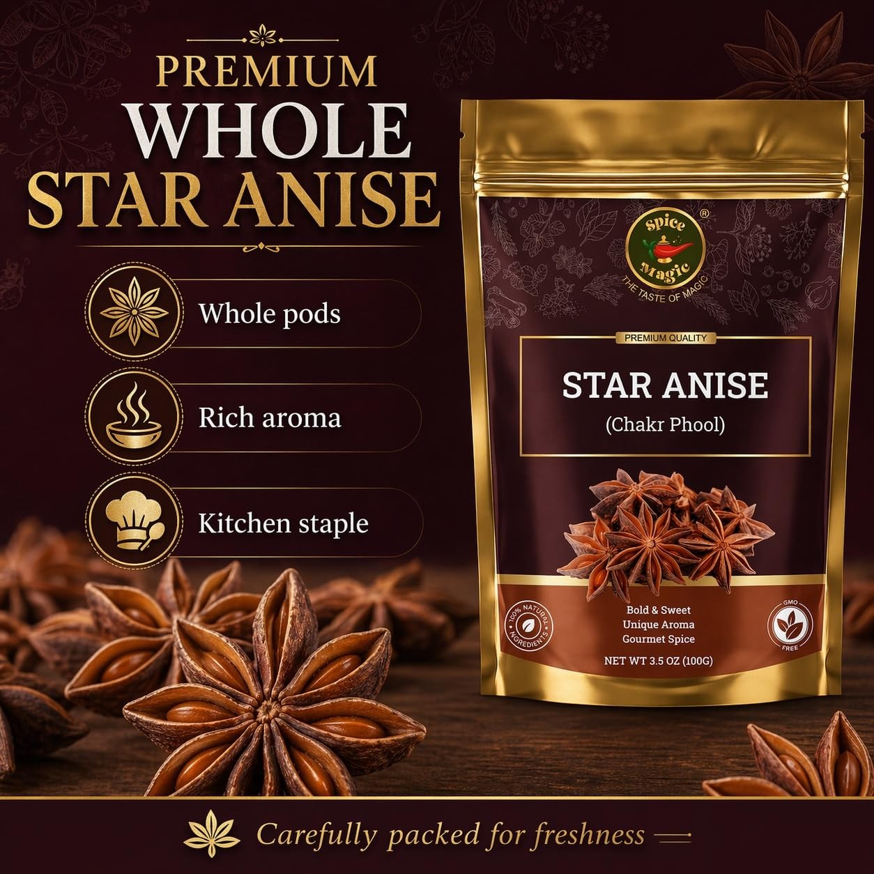 Spice Magic Star Anise Whole, Pods for Pho, Chai & Mulled Wine, 3.5oz (100g)