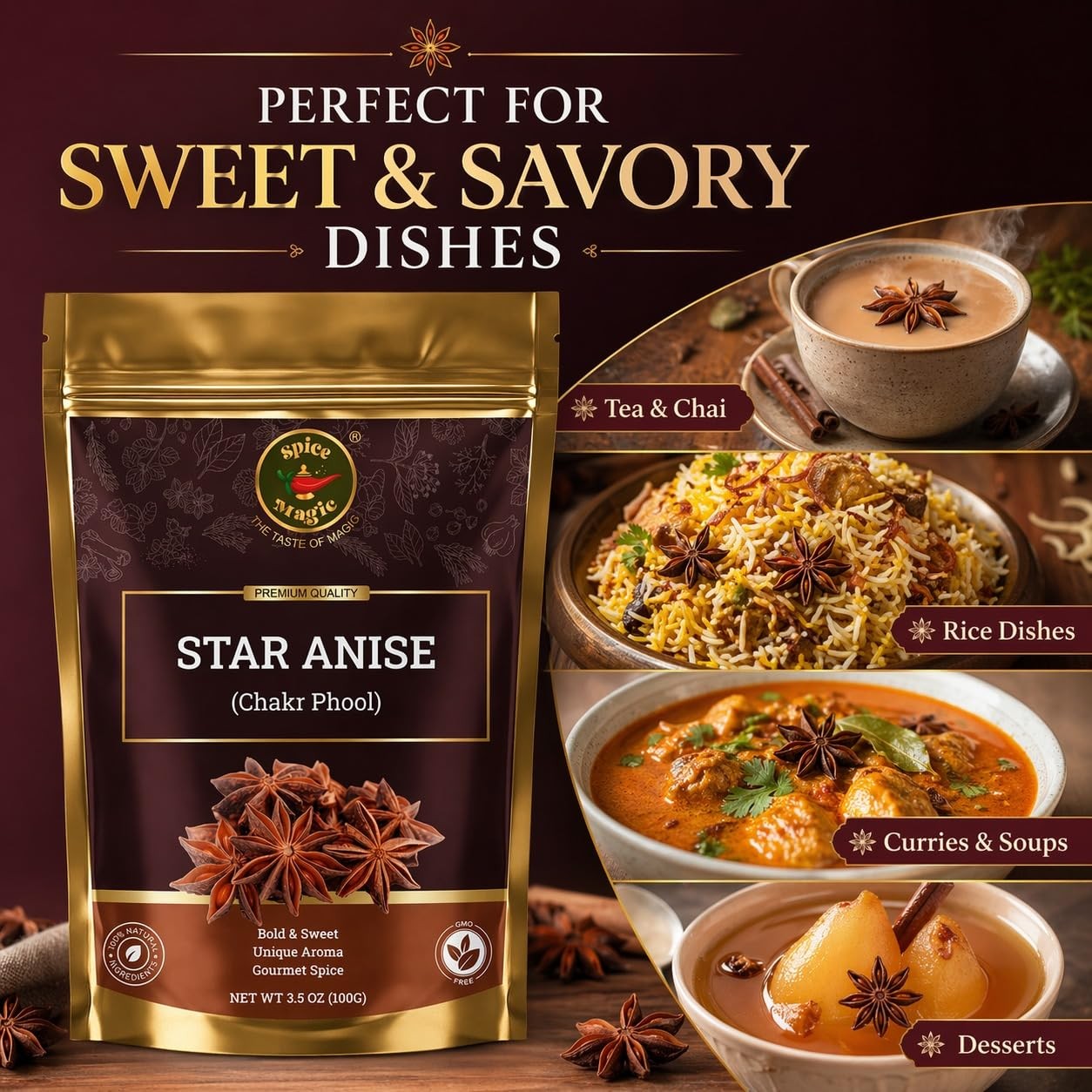 Spice Magic Star Anise Whole, Pods for Pho, Chai & Mulled Wine, 3.5oz (100g)