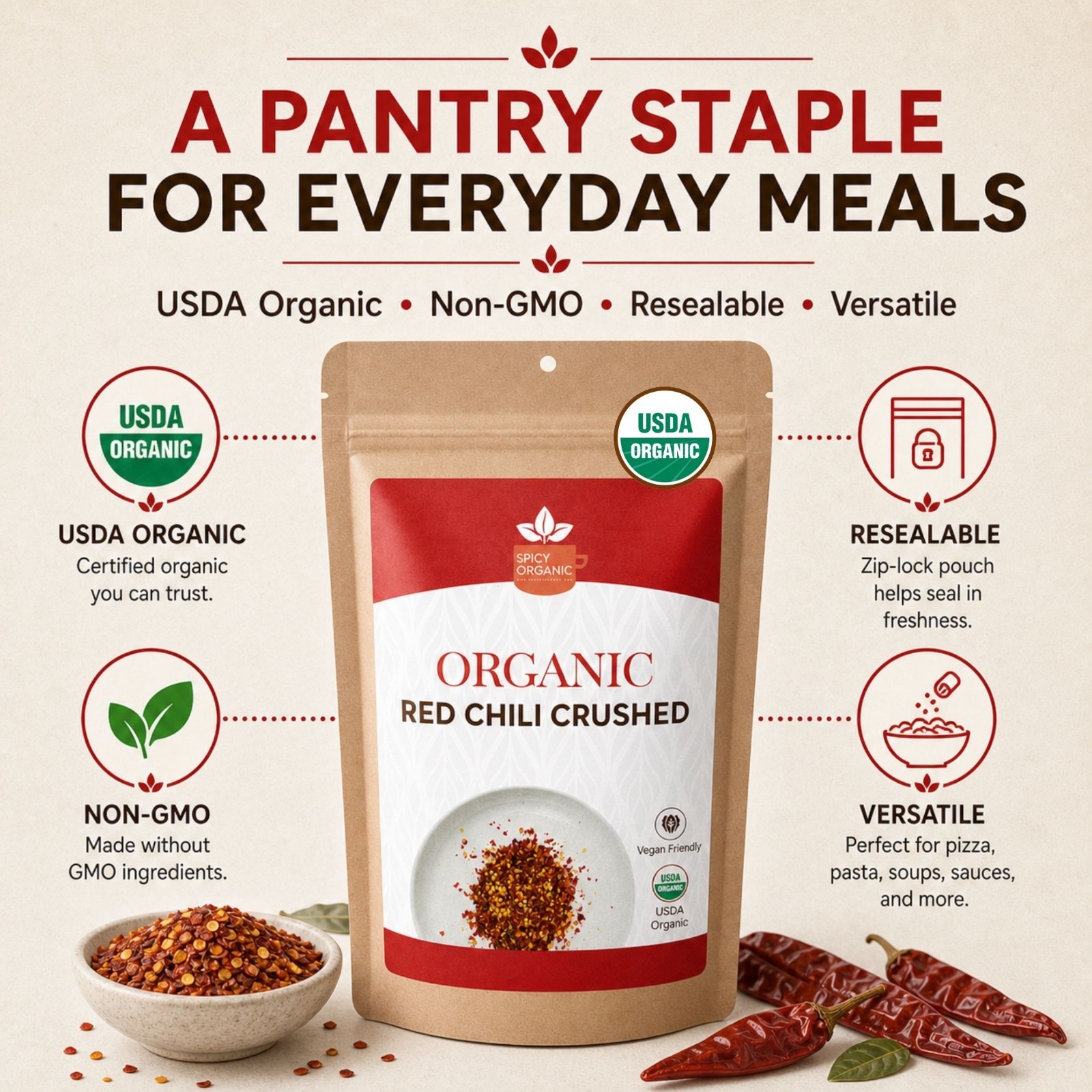 Spicy Organic Red Chili Flakes 2 lbs | USDA Organic