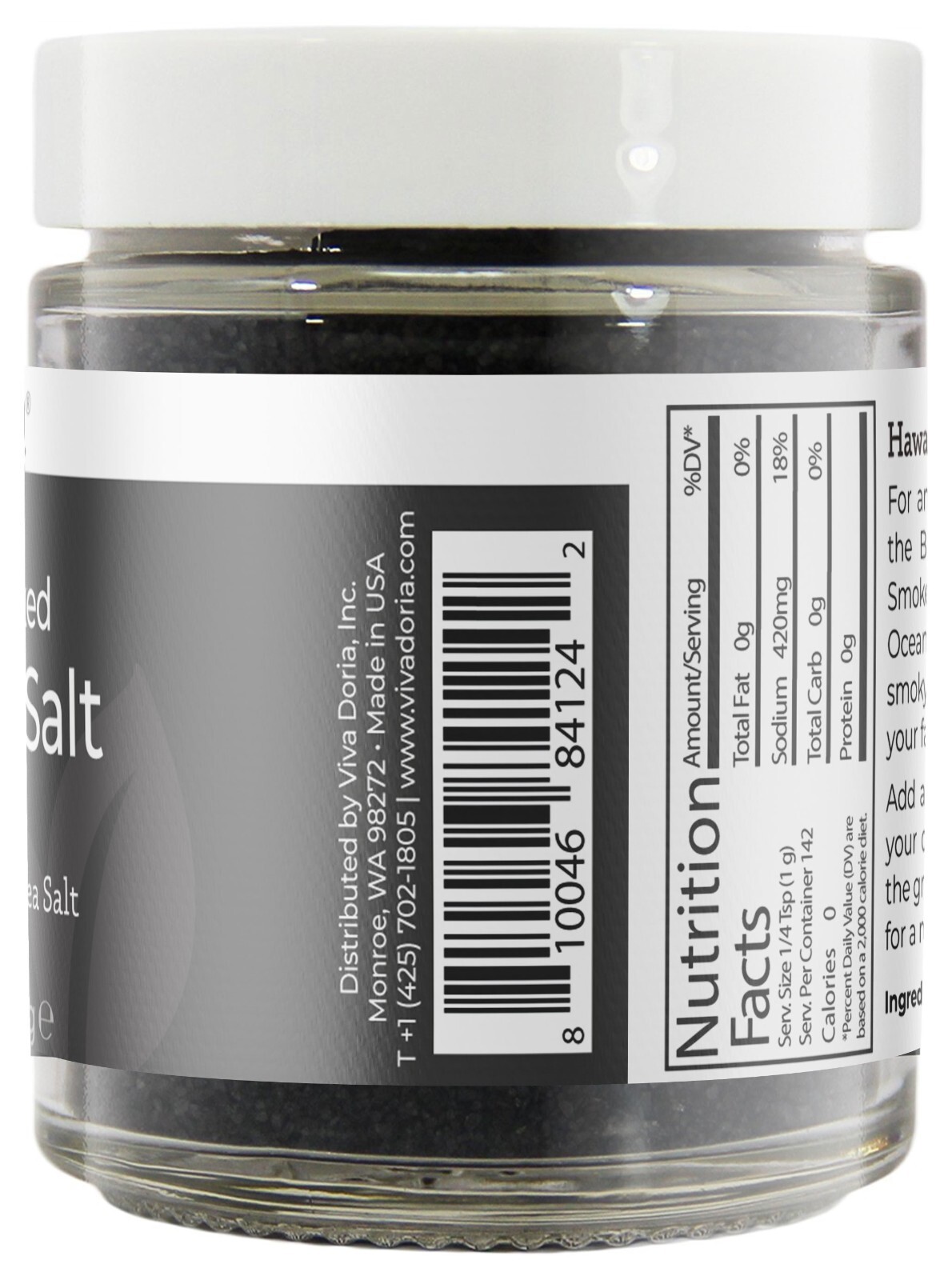 Viva Doria Hawaiian Smoked Black Lava Sea Salt, Fine Grain, 5 oz Glass Jar