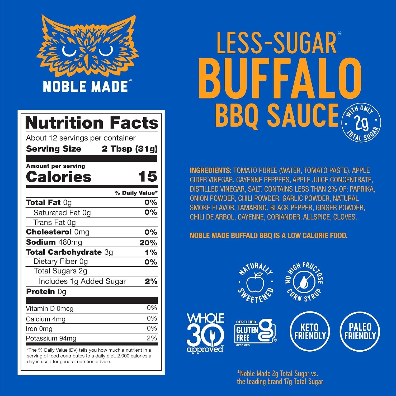 4 Noble Made Buffalo BBQ Sauce 13oz Bottle Less Sugar Keto Paleo Gluten Free New