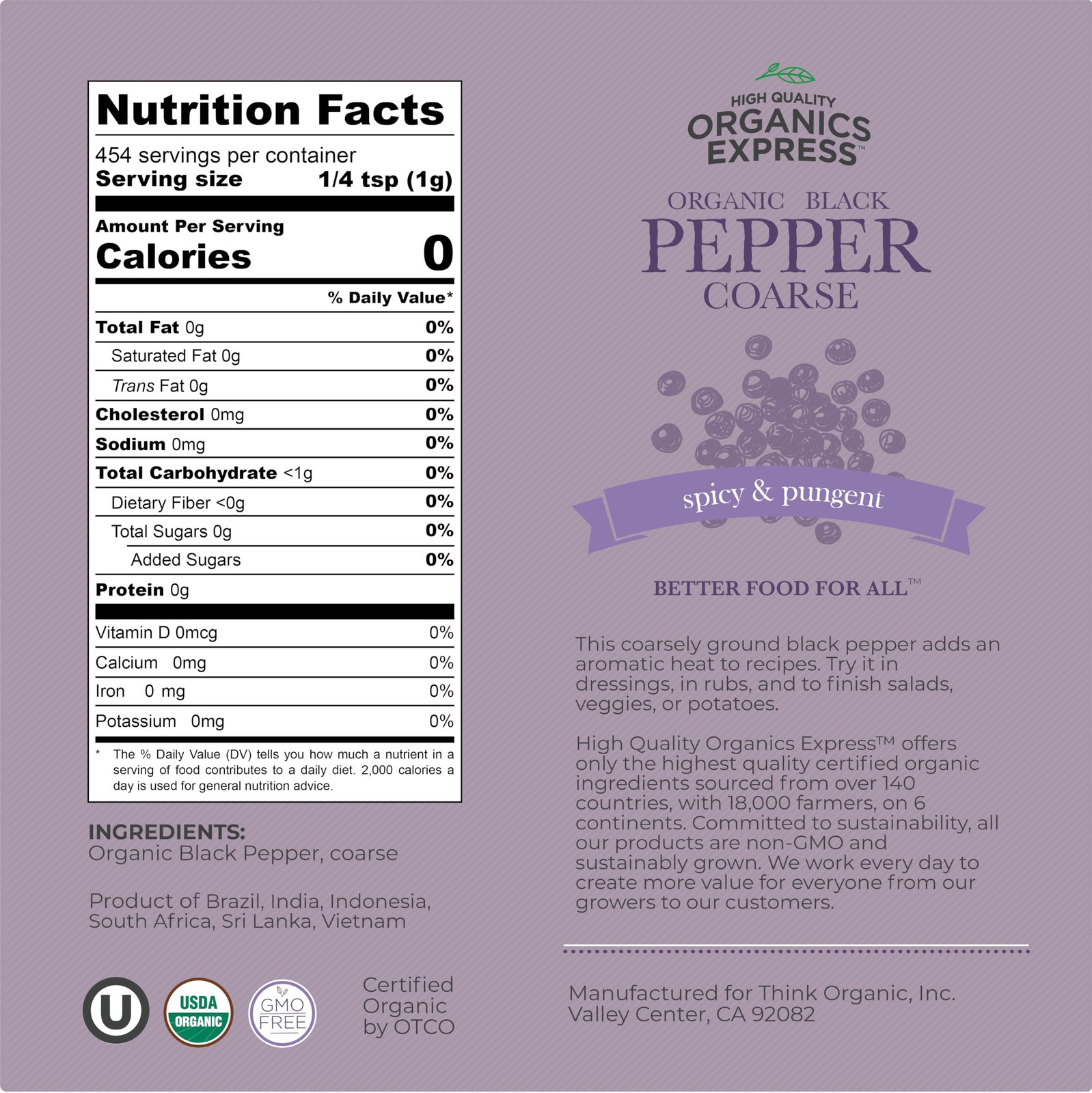 Express Organic Coarse Ground Black Pepper Restaurant Style For Cooking Usda Cer