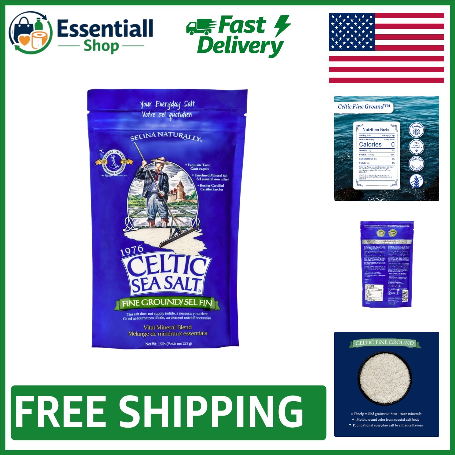 Natural Celtic Sea Salt – Fine Ground, Sustainably Harvested, 8oz Resealable Bag