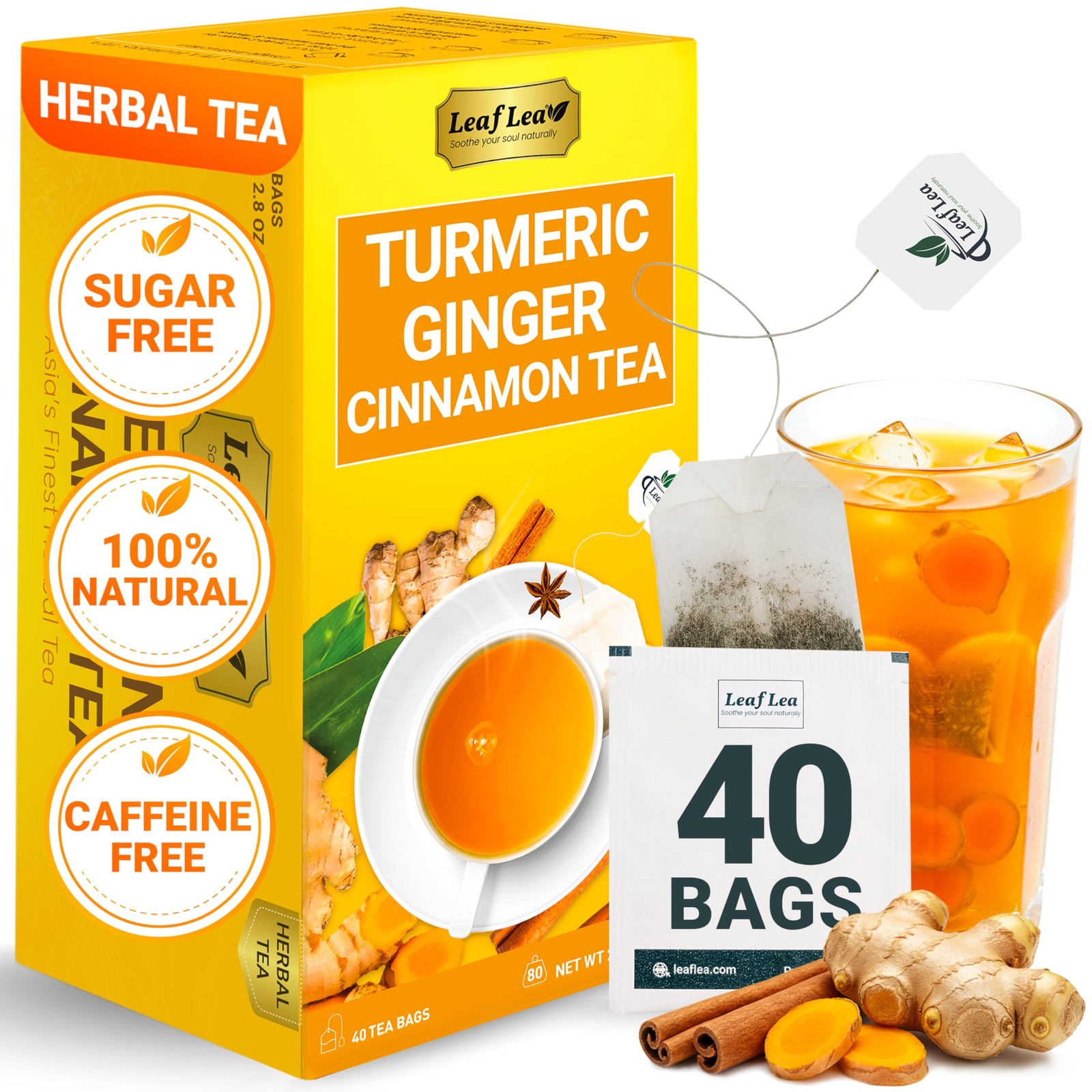 LeafLea 40 Turmeric Ginger Cinnamon Tea Bags, 100% 40 Bags (Pack of 1)
