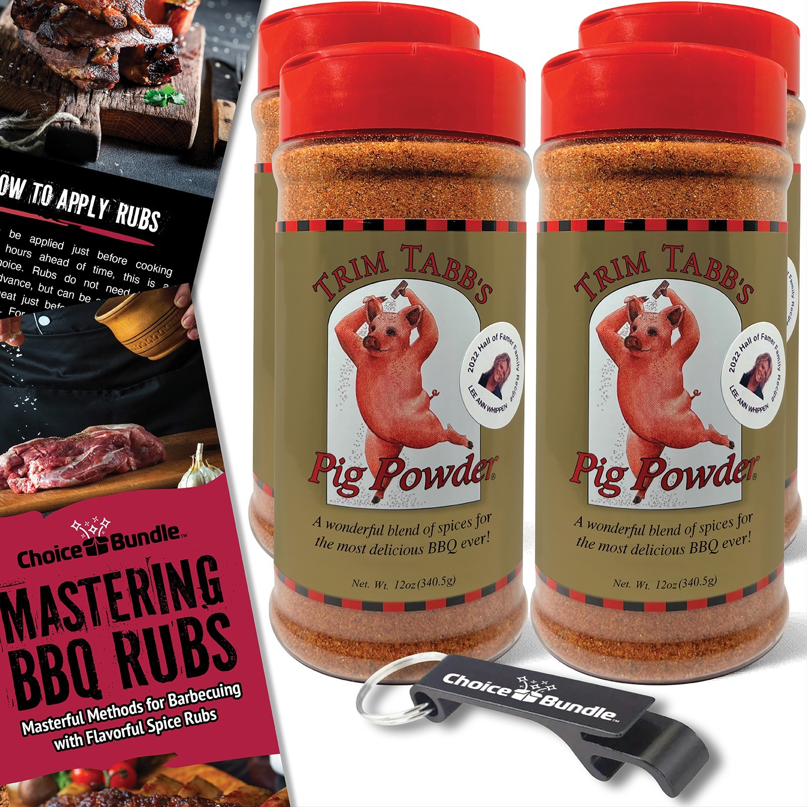 Trim Tabb’s Pig Powder BBQ Seasoning Rub 12 oz 4 Pack + Guide & Bottle Opener