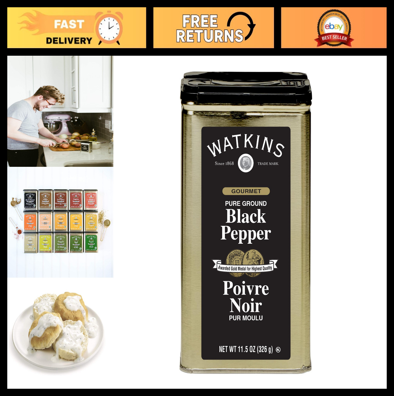 Gourmet Pure Ground Black Pepper – 11.5 oz Spice Tin for Cooking & Seasoning