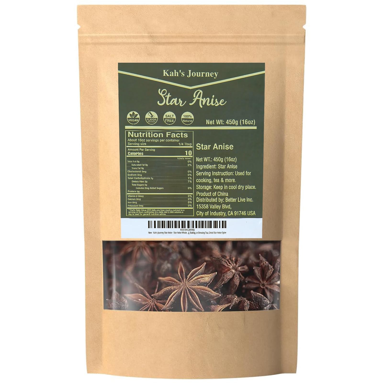 Kah’s Journey Star Anise Whole 16 oz for Cooking, Baking, or Brewing 16oz