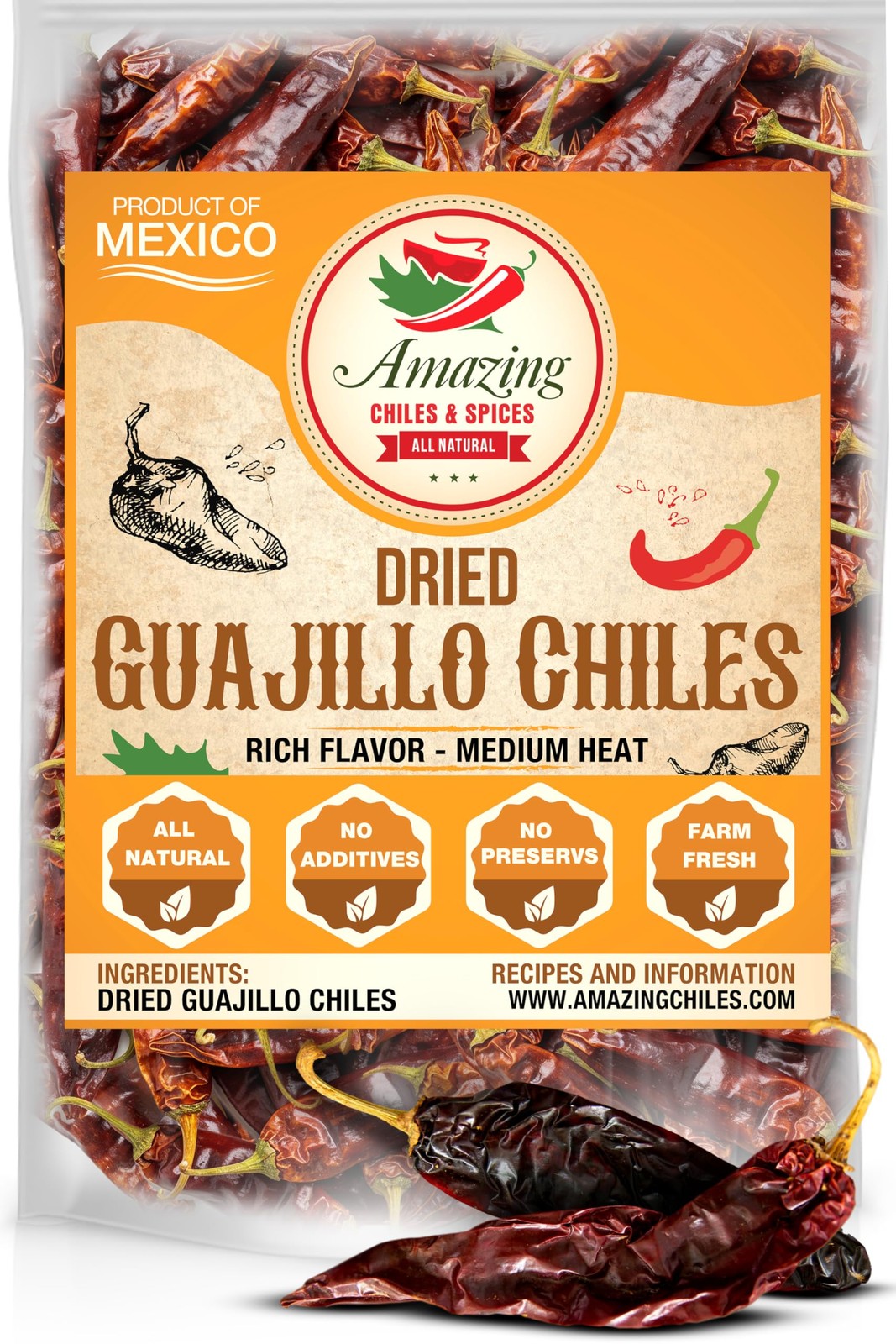 Guajillo Chiles Peppers Dried Whole 8 oz – Natural and 8 Ounce (Pack of 1)