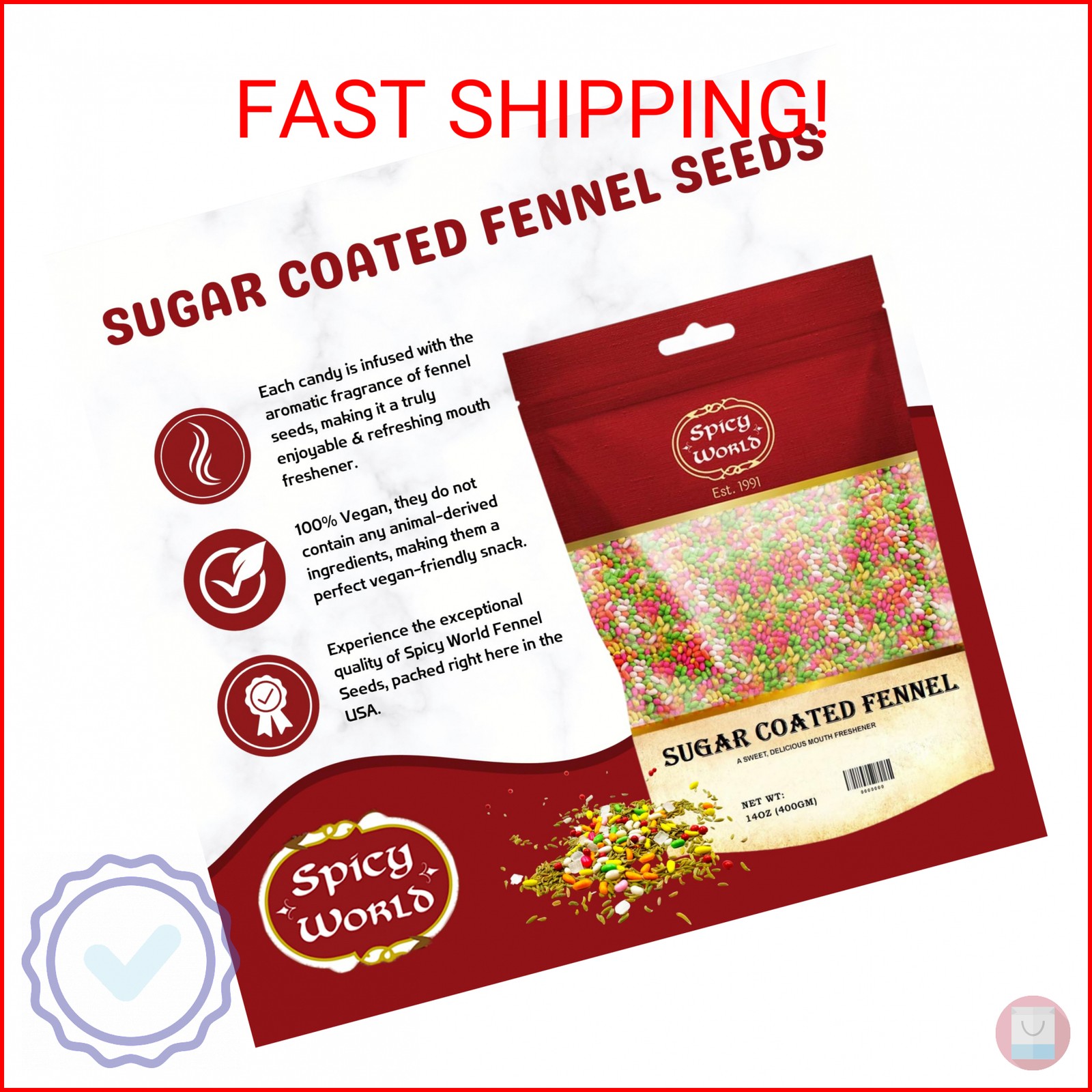 Spicy World Sugar Coated Fennel Seeds | Sweet Saunf Candy for Mouth Freshening –