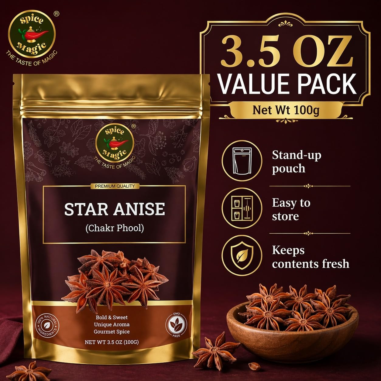 Spice Magic Star Anise Whole, Pods for Pho, Chai & Mulled Wine, 3.5oz (100g)