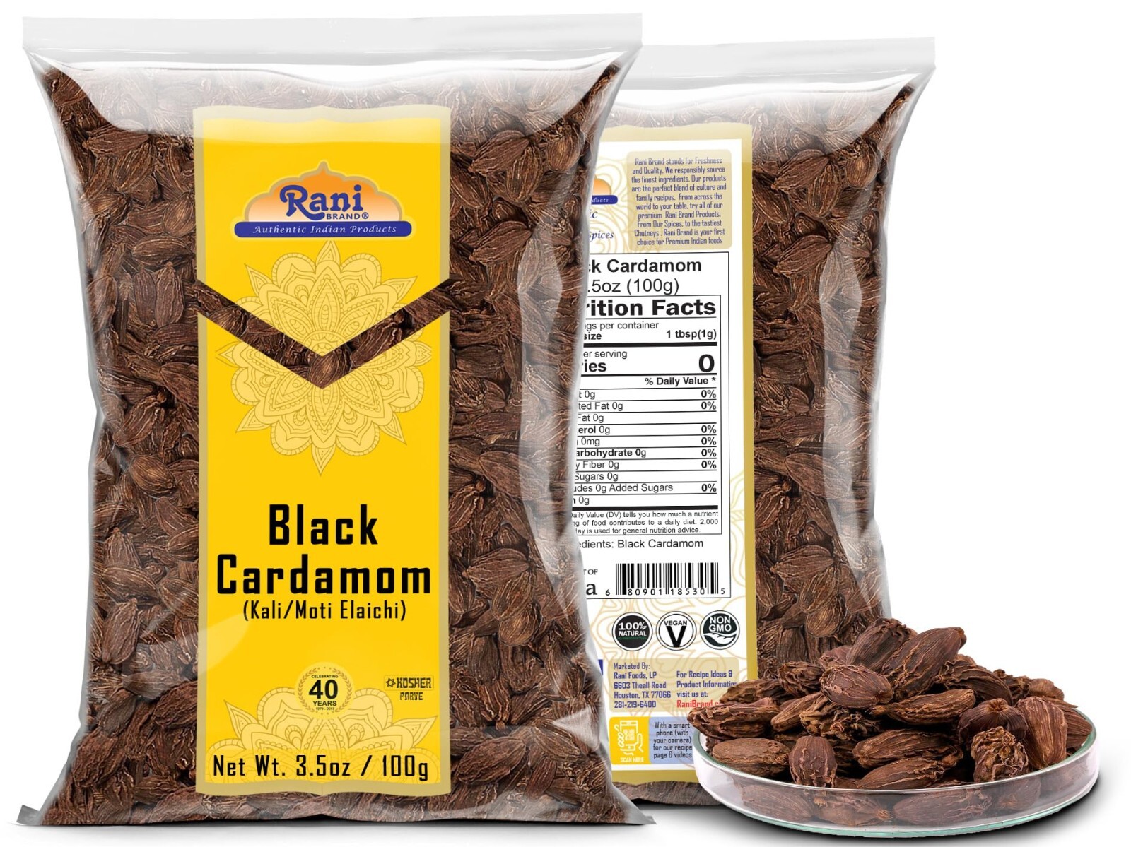 Rani Black Cardamom Pods (Kali Elachi) Whole Indian Spice 3.5oz (100g)