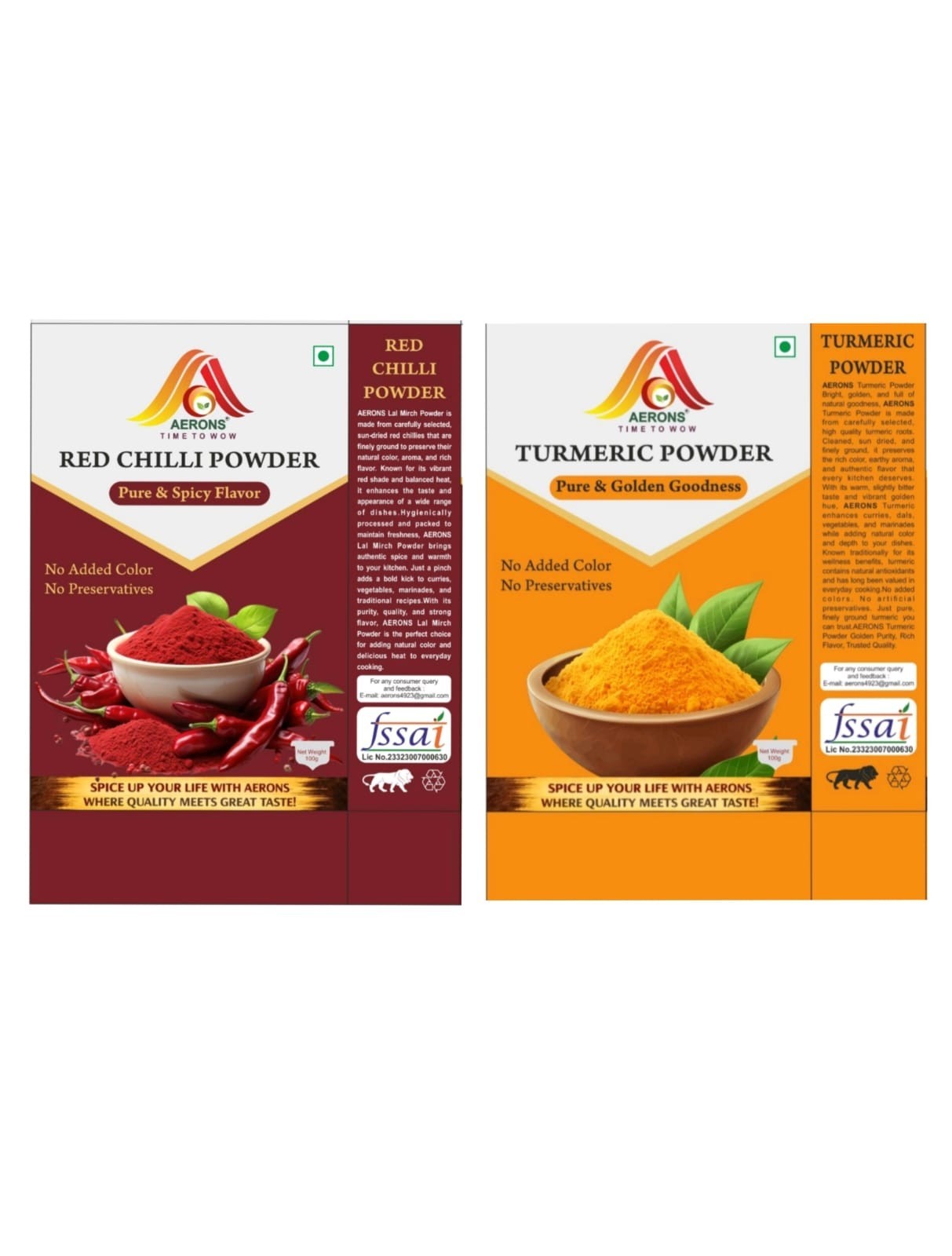 AERONS RED CHILI,CORIANDER & TURMERIC POWDER 100 GRAMS EACH ORGANIC NO ADDITIVES