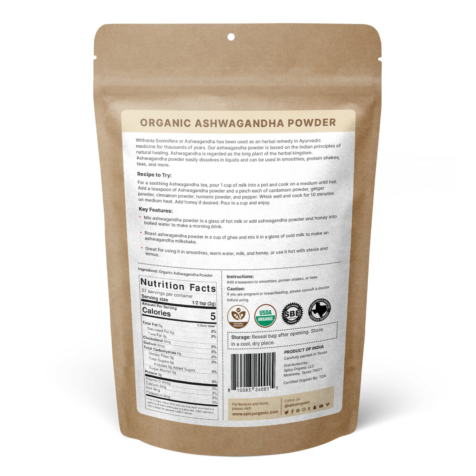 Organic Ashwagandha Root Powder (4 OZ) Non-GMO Raw Ashwagandha Powder for Tea