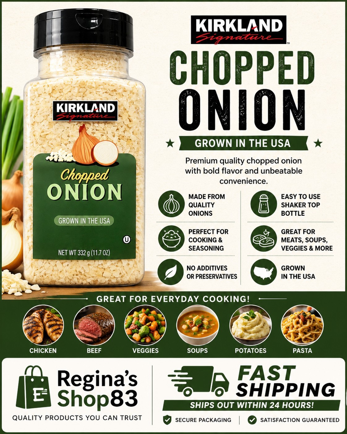 Kirkland Signature Chopped Onion 11.7 oz (332g) Grown in USA Dried Onion