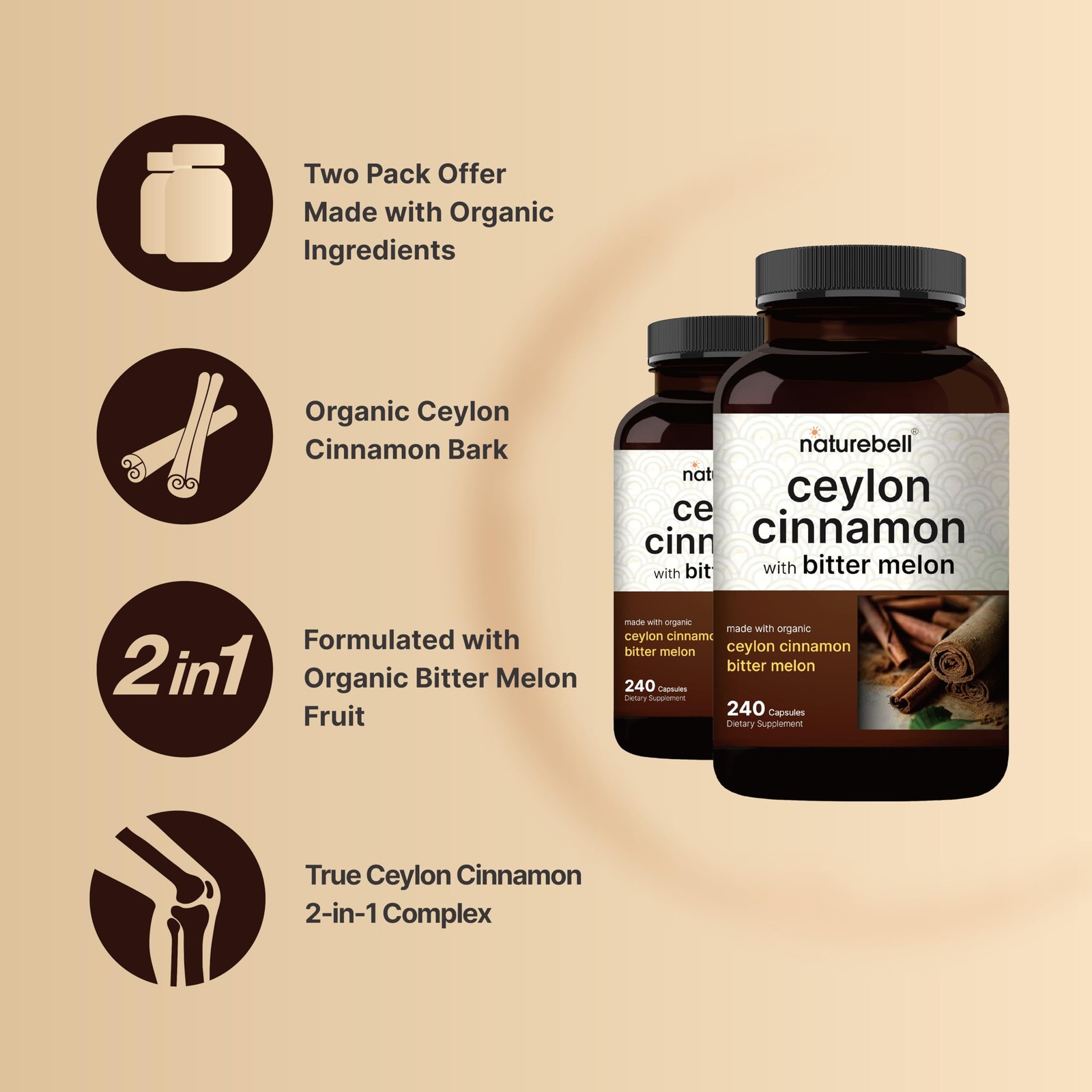 NatureBell 2 Pack Ceylon Cinnamon with Bitter Melon, 240 Count (Pack of 2)