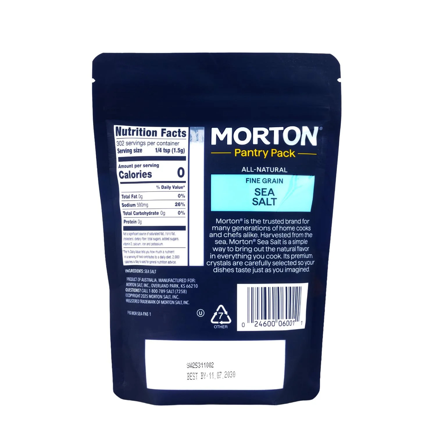 Morton Sea Salt Fine Grain, All-Natural Fine Sea Salt, 1 lb Resealable Pouch