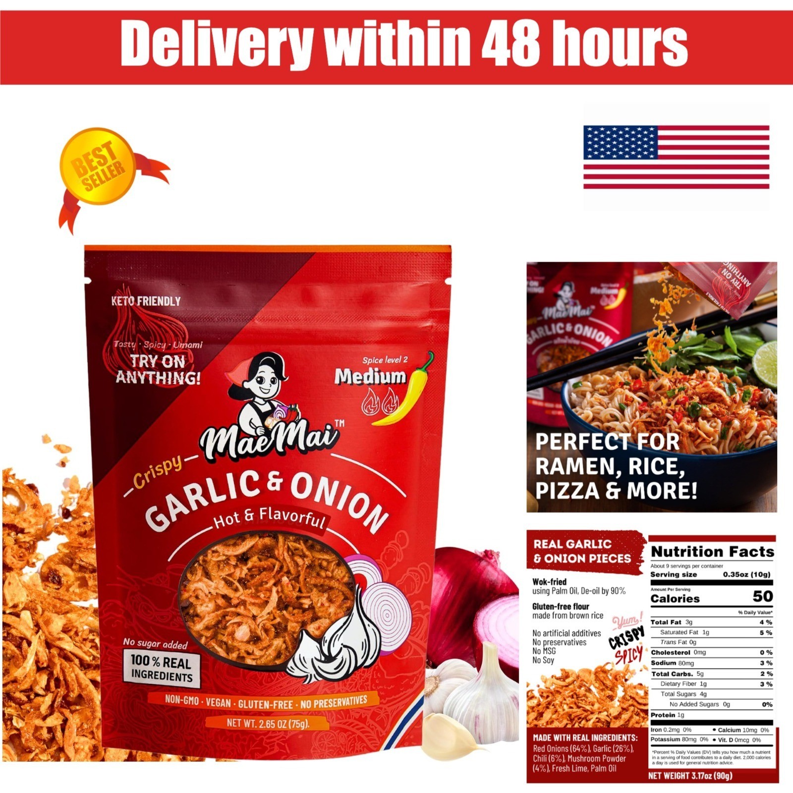 MaeMai Crispy Onion Garlic Flakes – Medium Hot Chili Crisp Topping 3.17 oz
