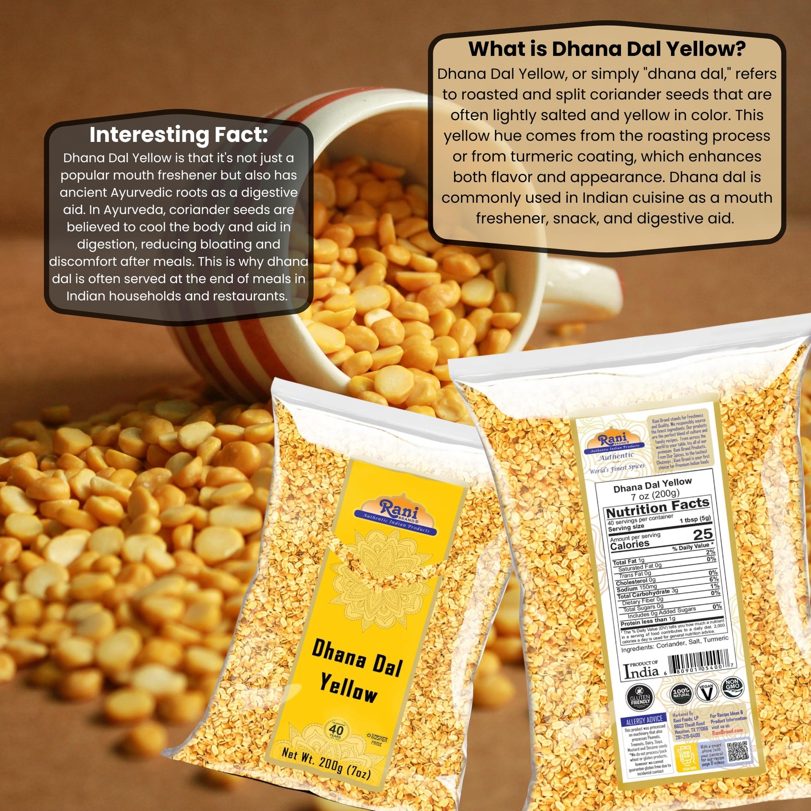 Rani Dhana Dal (Roasted Coriander Seeds) Yellow 7oz (200g)