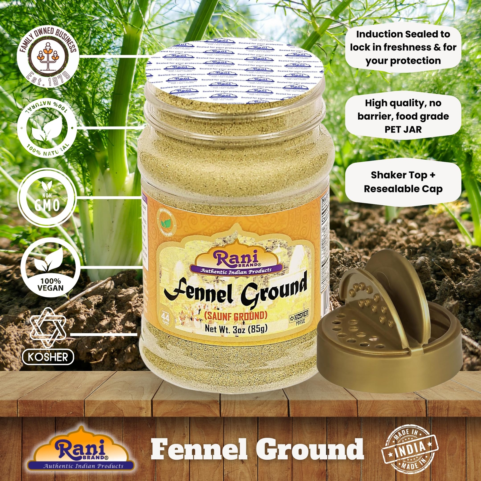 Rani Fennel Ground (Saunf) Powder Spice 3oz (85g) PET Jar