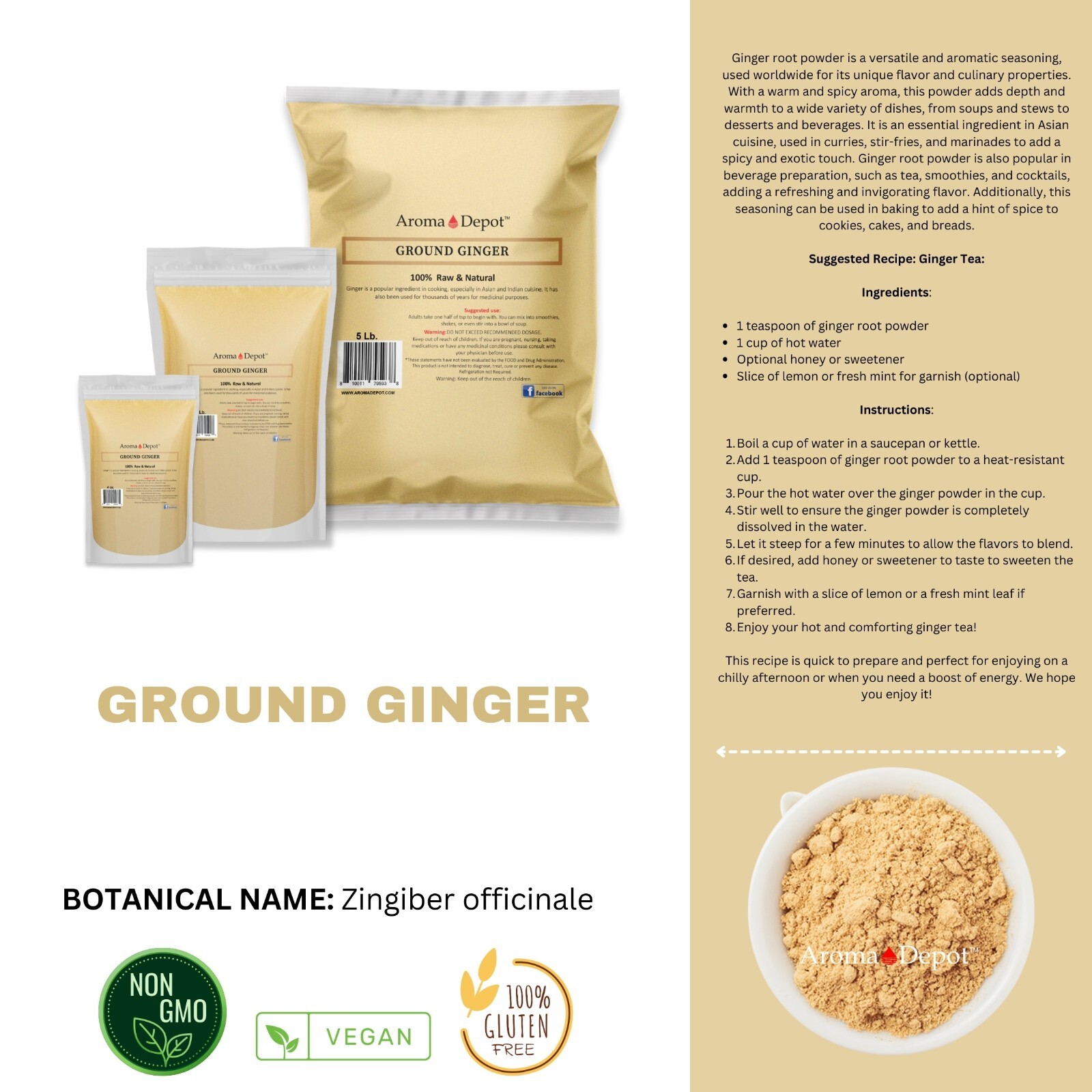 1lb Ground Ginger Root Powder Natural Premium Raw Zingiber Officinale Jengibre