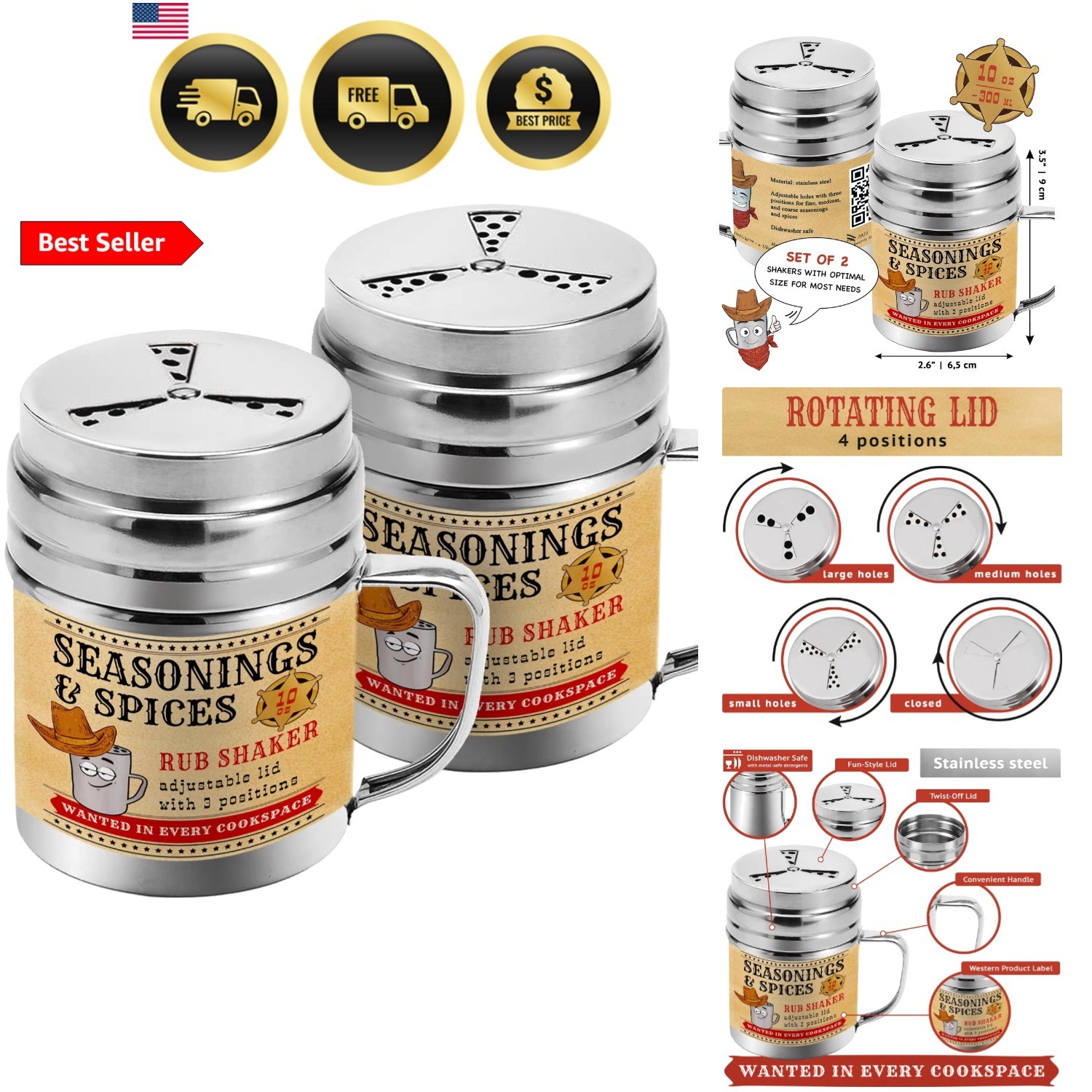 Pack of 2] 10 oz Seasonings Spice Shakers – BBQ Dry Rub Shakers – Cooking Dre…