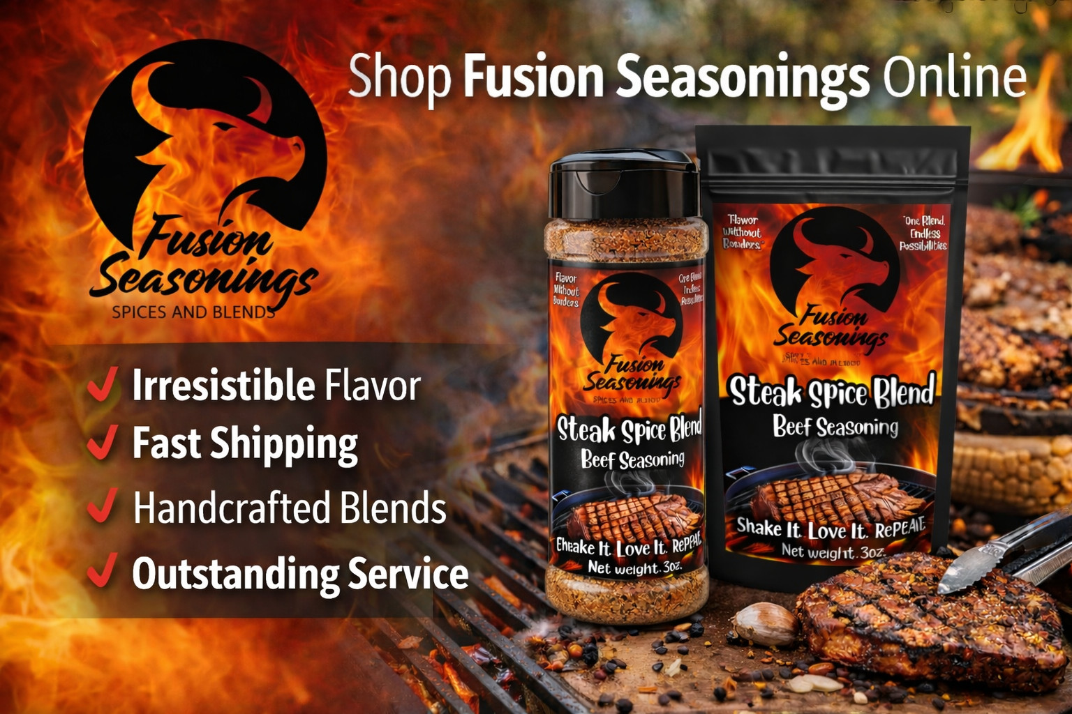 Steak Spice Blend Fusion Seasonings Shaker All Natural No MSG BBQ Rub Seasoning