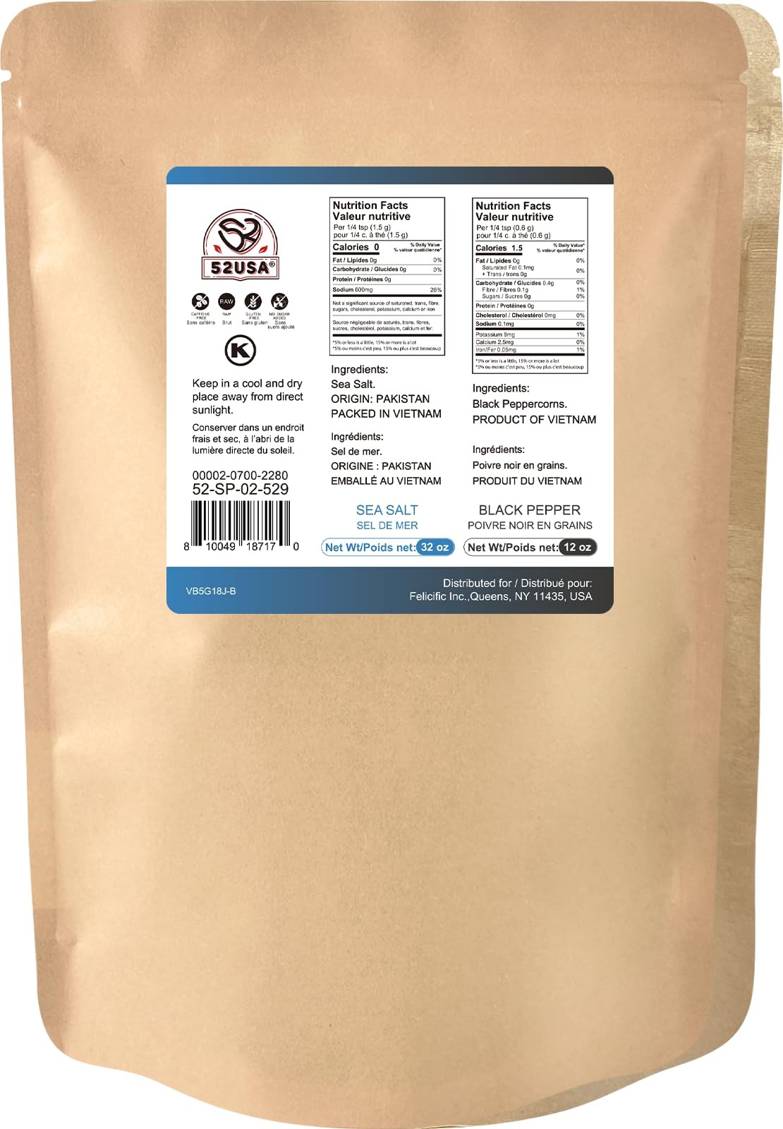 52USA Black Peppercorns 12 oz and Coarse Sea Salt 2 lbs, Salt and Pepper for …
