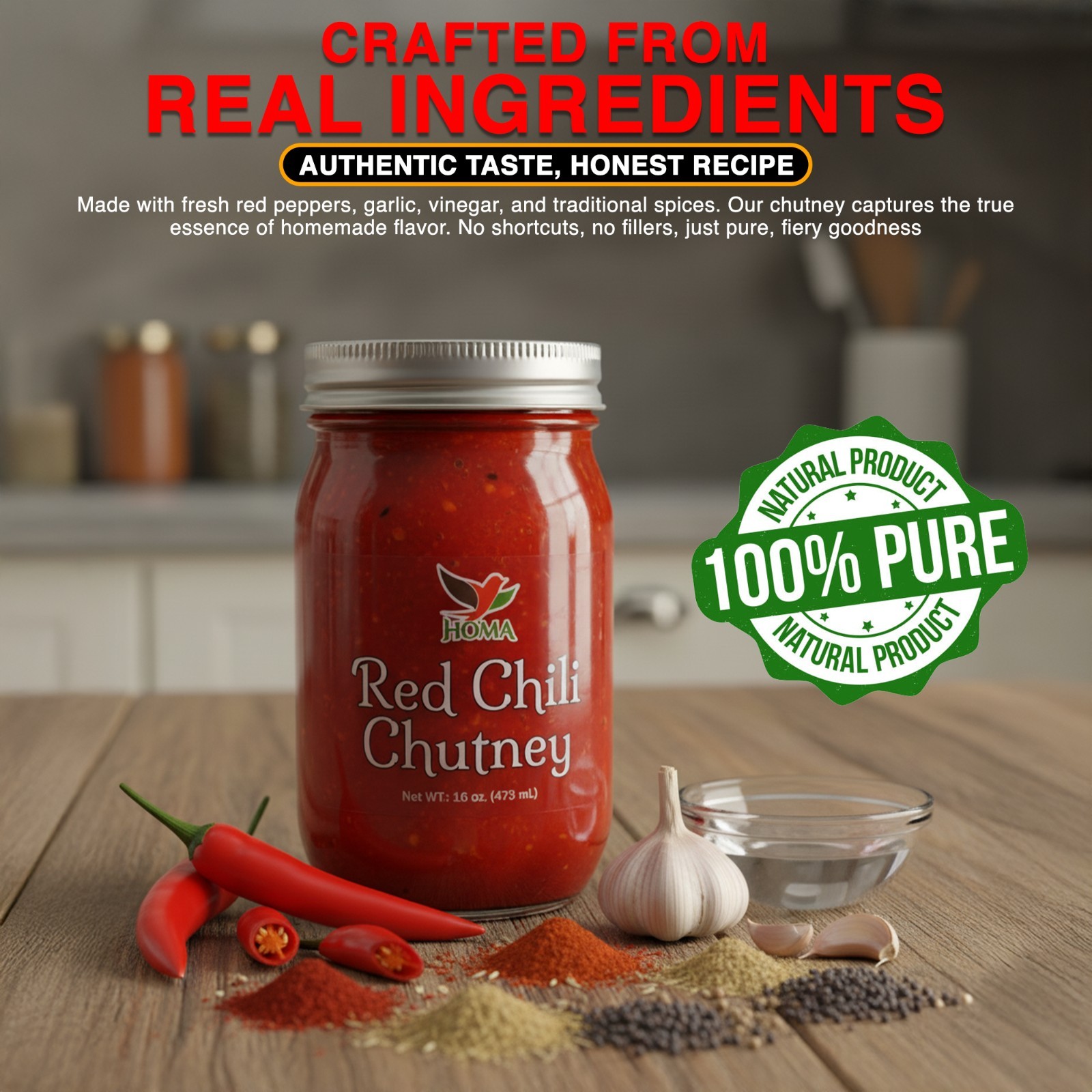 Homa Red Chili Chutney 16 oz Jar – Spicy Red Pepper & Garlic Condiment