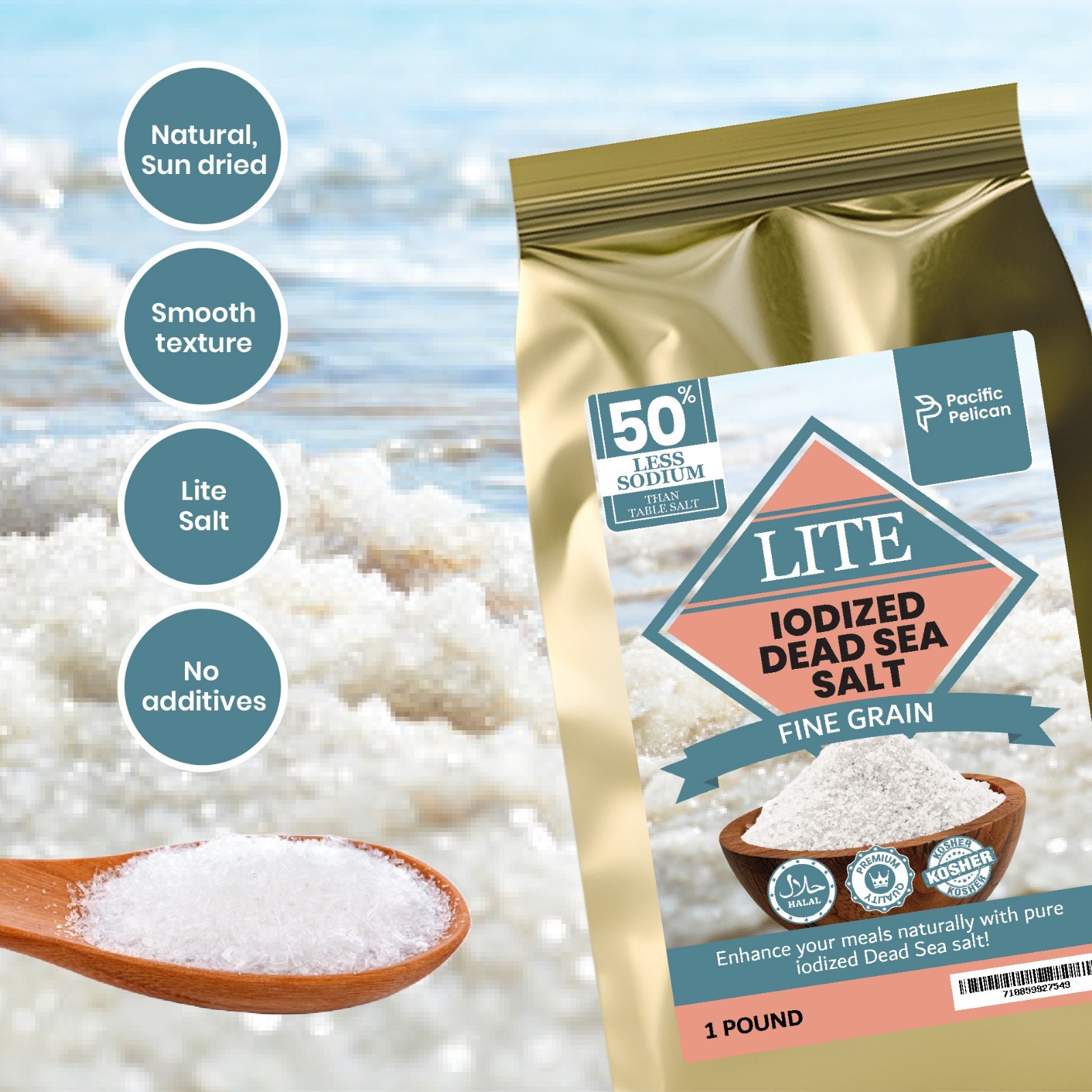 Pacific Pelican 50% Less Sodium Iodized Dead Sea Lite Salt, Fine Grain, 1 LB
