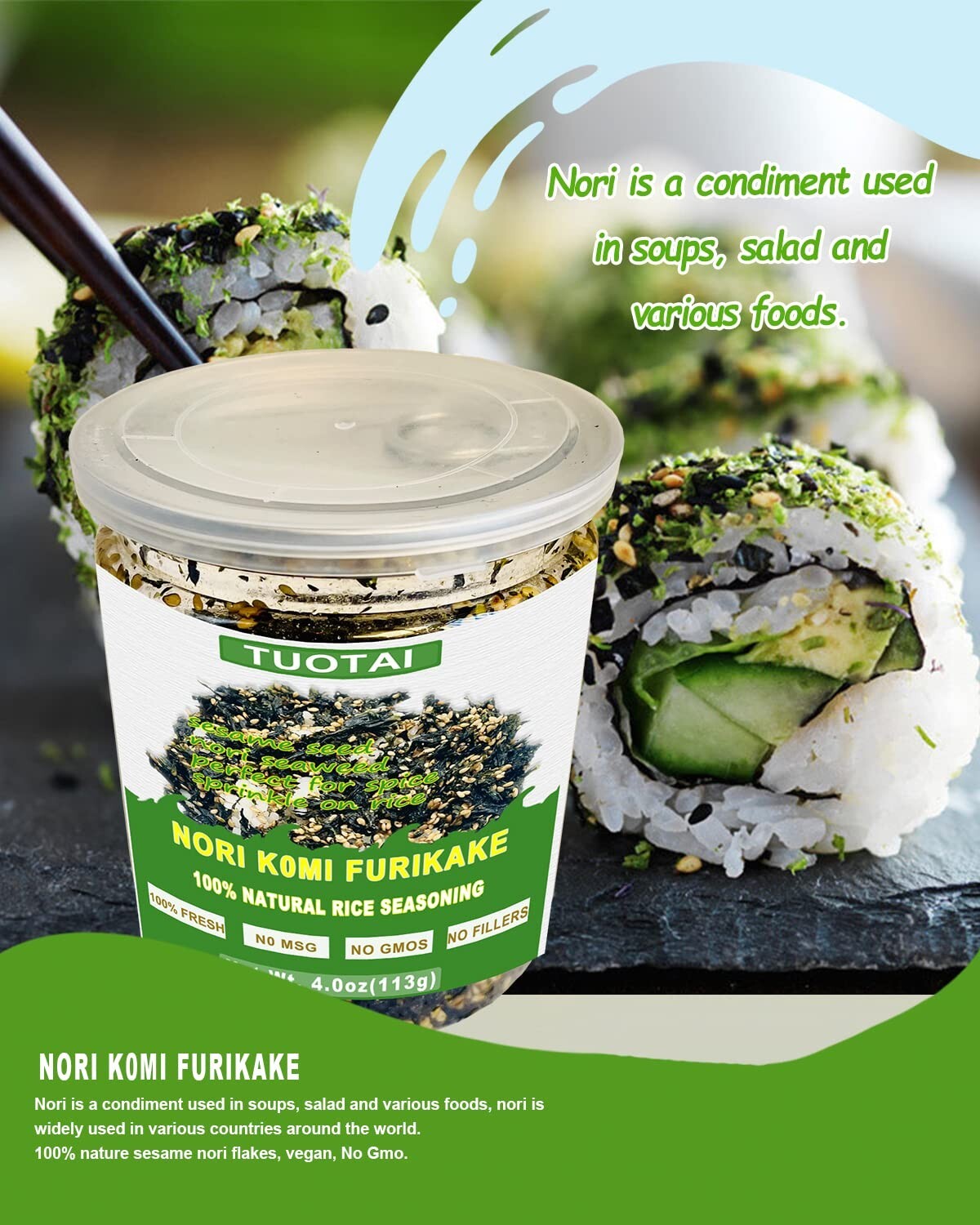 🌿 100% Natural Sesame Nori Flakes – 4.0 oz (113g) Vegan Rice Seasoning