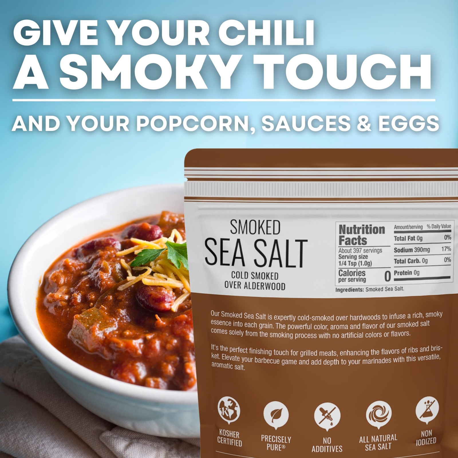 Cold Smoked Sea Salt for Grilling & Cooking, Unrefined Fine Kosher, 5 oz